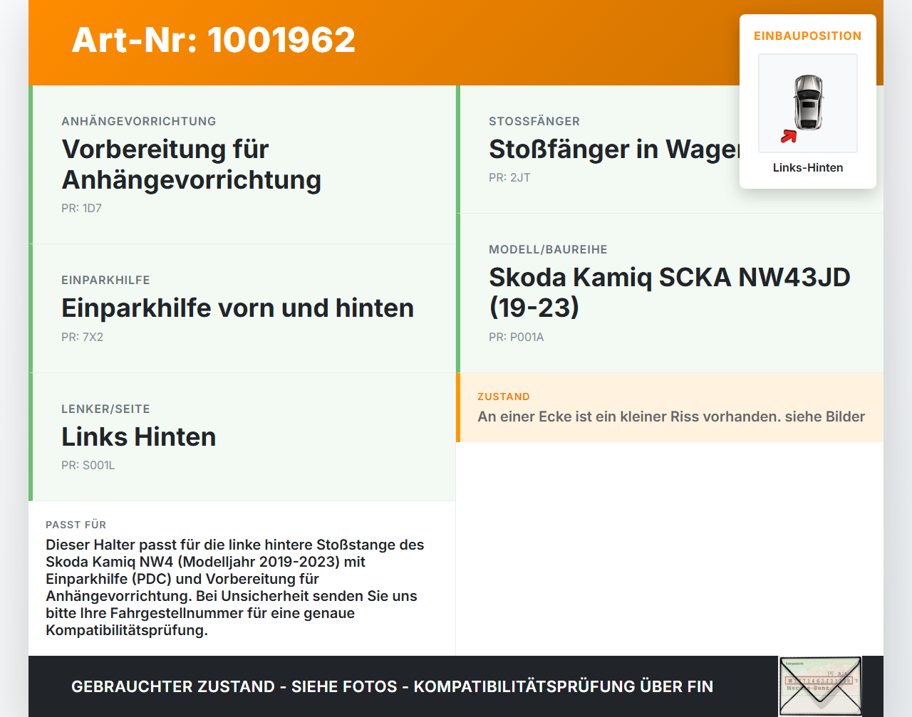 Skoda Kamiq NW4 19-23 Halter Träger Aufnahme Führung für Stoßstange Links Hinten Skoda Kamiq NW4 19-23 27.02.2024... Vorschau 3