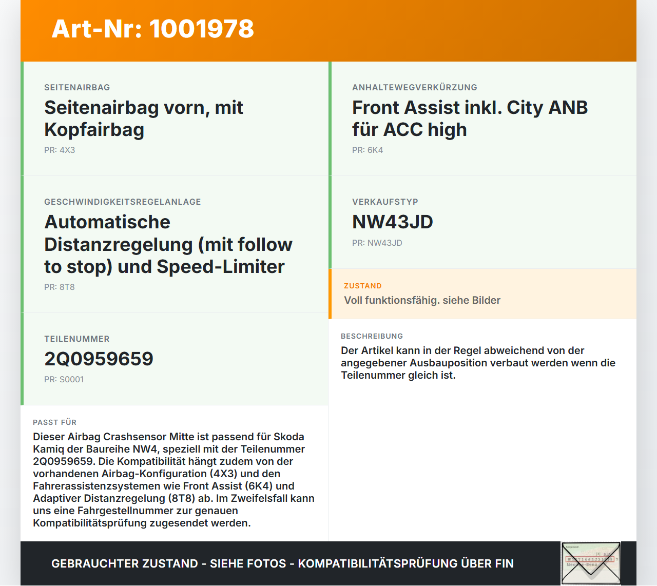 Skoda Kamiq NW4 19-23 Sensor für Airbag Crashsensor Airbagsensor Mitte Skoda Kamiq NW4 19-23 27.02.2024 2Q0959659... Vorschau 3