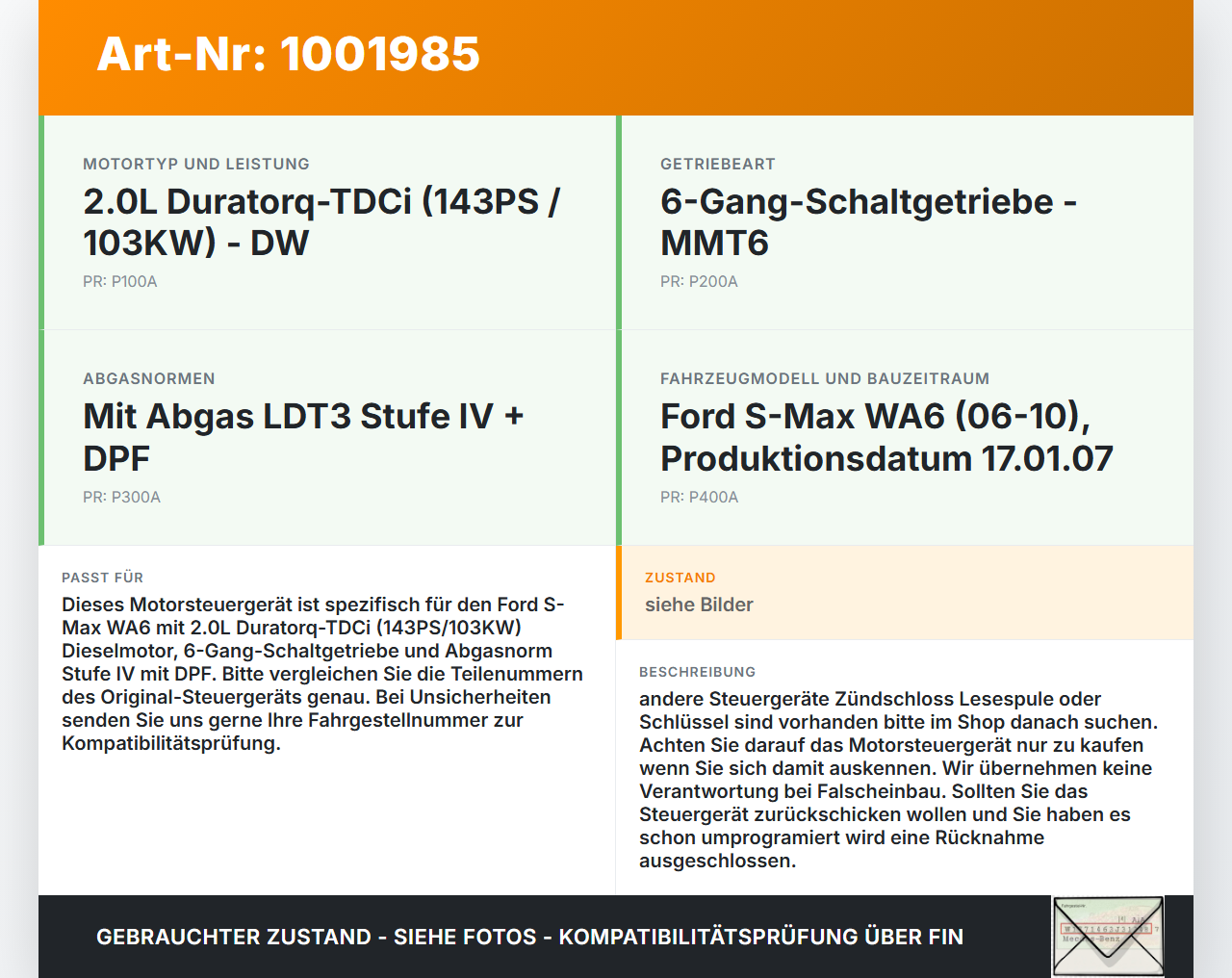 Ford S-Max WA6 06-10 TDCi 2,0 103KW Steuergerät ECU für Motor Motorsteuergerät Ford S-Max WA6 06-10 31.01.2007... Vorschau 3