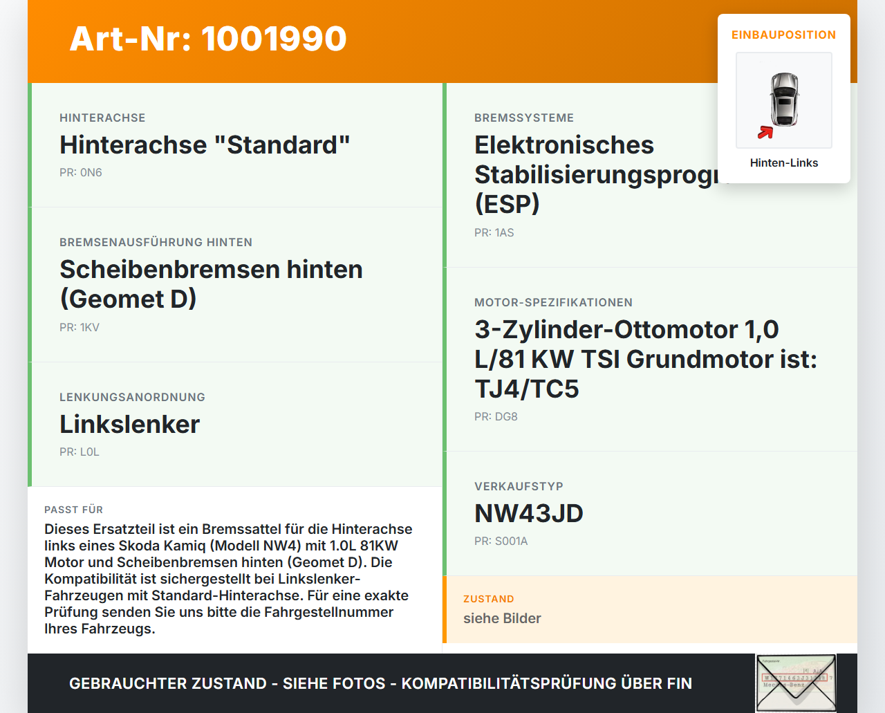 Skoda Kamiq NW4 19-23 1,0 81KW Bremssattel Bremszange Hinten Links Skoda Kamiq NW4 19-23 27.02.2024 2Q0615423C gebraucht Vorschau 3
