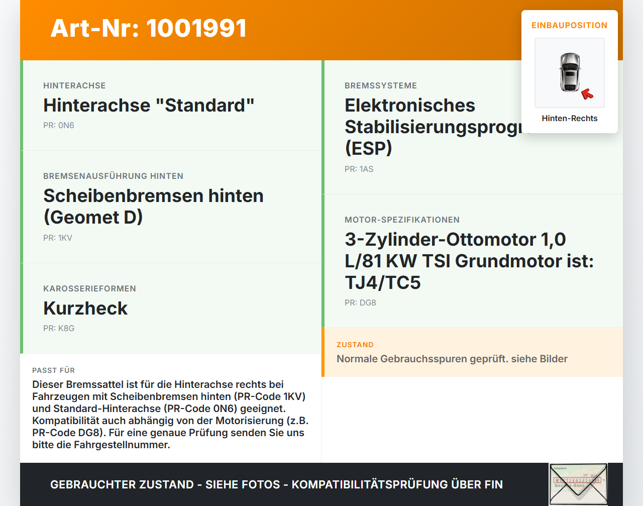 Skoda Kamiq NW4 19-23 1,0 81KW Bremssattel Bremszange Hinten Rechts Skoda Kamiq NW4 19-23 27.02.2024 2Q0615424C... Vorschau 3