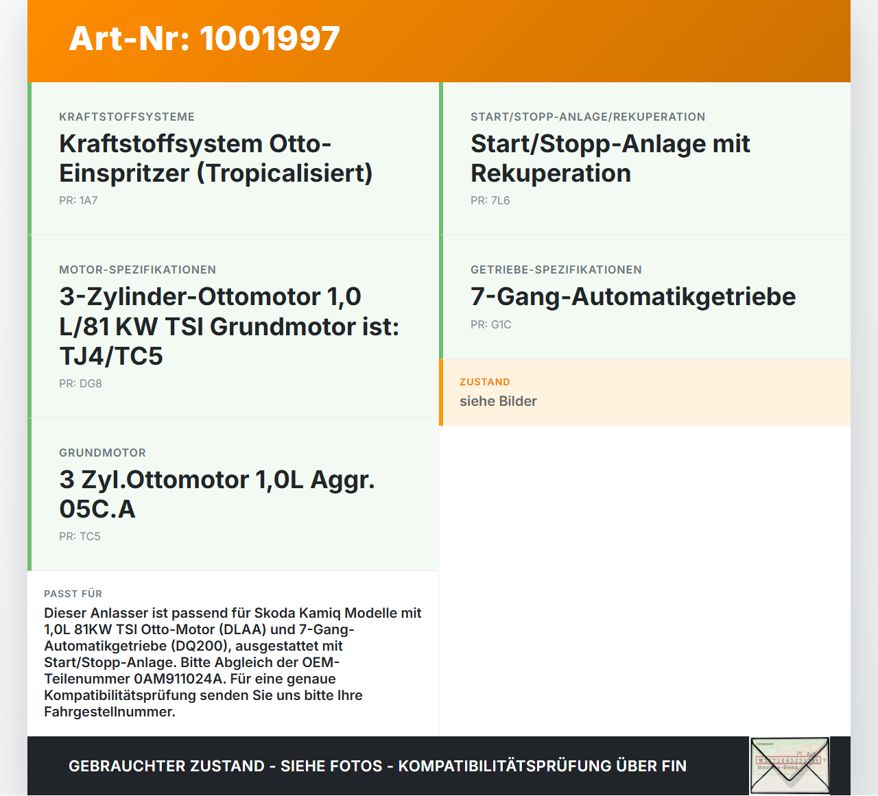 Skoda Kamiq NW4 19-23 1,0 81KW Autom Anlasser Starter Skoda Kamiq NW4 19-23 27.02.2024 0AM911024A 438000-0204 gebraucht Vorschau 3