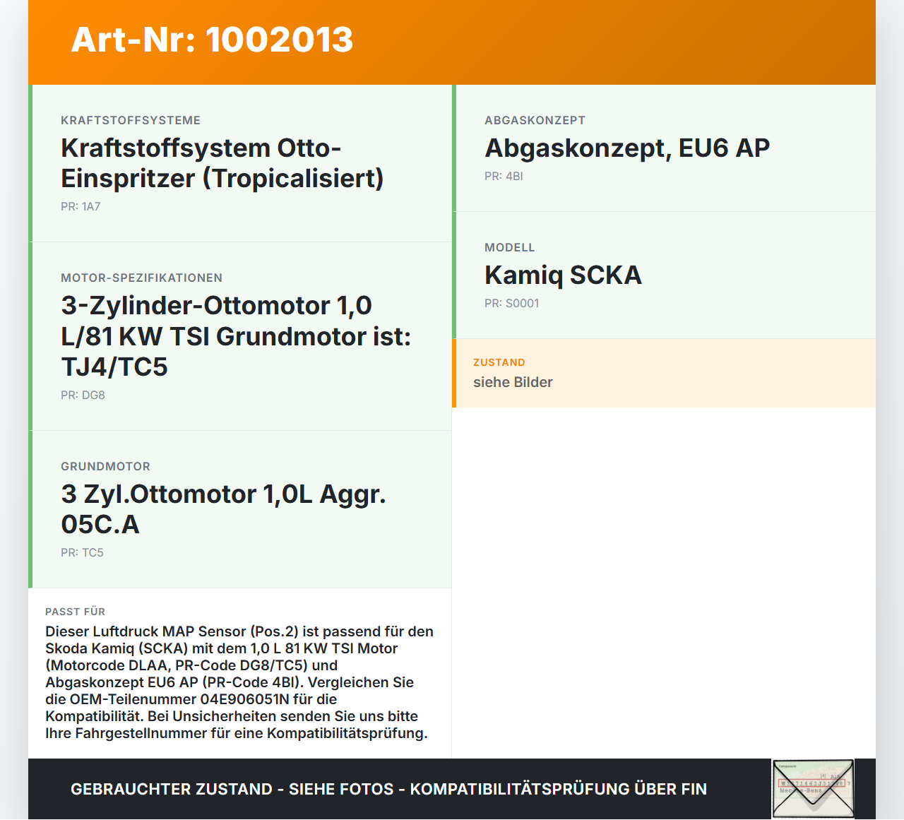 Skoda Kamiq NW4 19-23 1,0 81KW Luftdruck MAP Sensor Pos.2 Skoda Kamiq NW4 19-23 27.02.2024 04E906051N gebraucht Vorschau 3