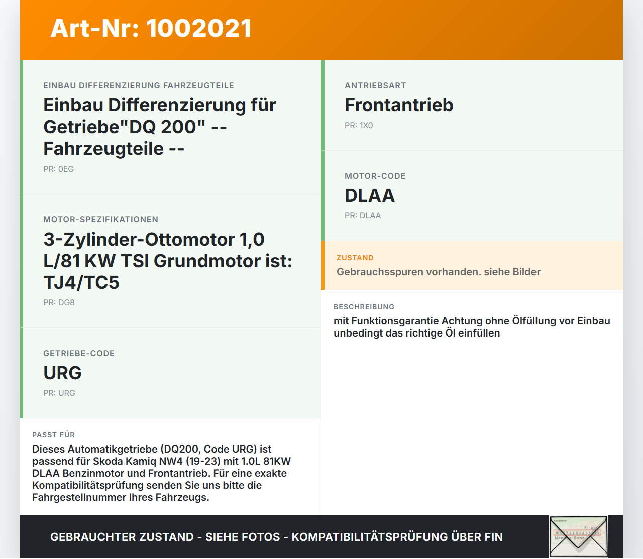 Skoda Kamiq NW4 19-23 1,0 81KW URG Automatikgetriebe Getriebe ohne Wandler URG Skoda Kamiq NW4 19-23 27.02.2024... Vorschau 3