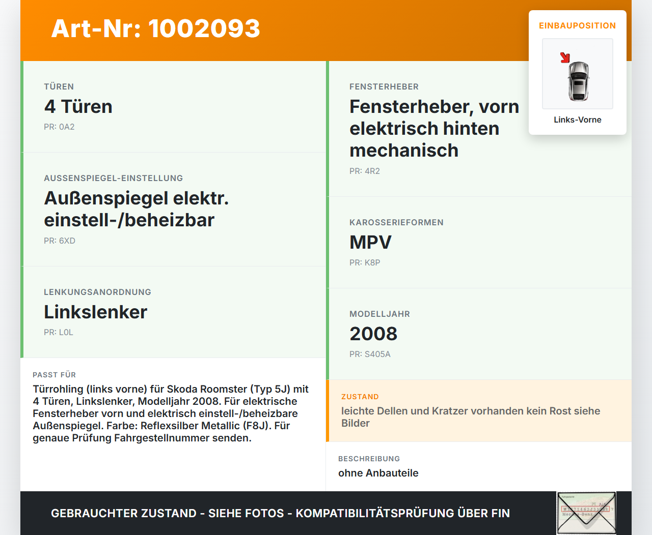 Skoda 5J 06-10 Kombi Tür Fahrertür Links Vorne LF8J Skoda 5J 06-10 11.01.2008 5J7831055 gebraucht Vorschau 3