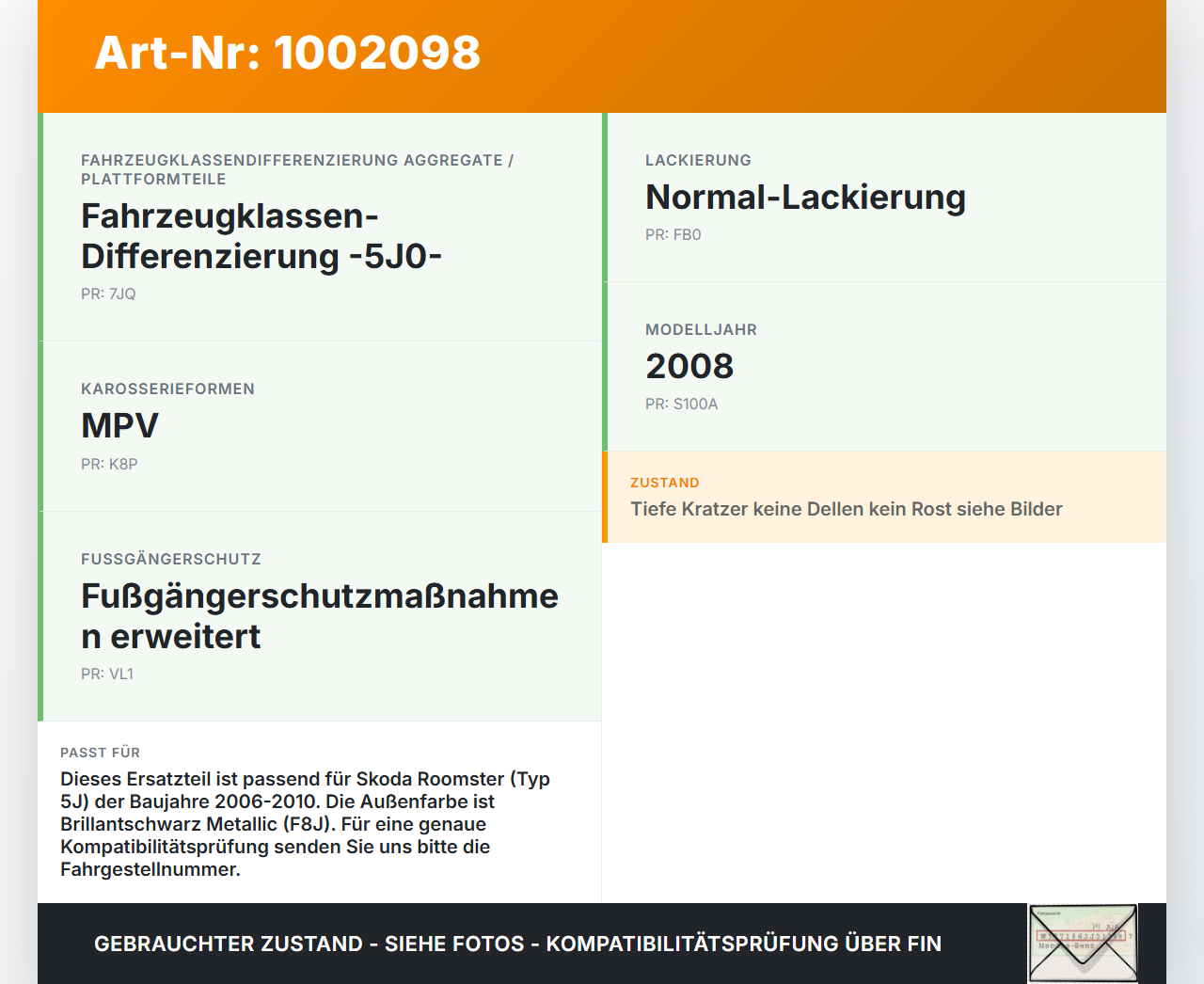 Skoda 5J 06-10 Motorhaube Frontklappe Haube LF8J Skoda 5J 06-10 11.01.2008 5J0823031A gebraucht Vorschau 3