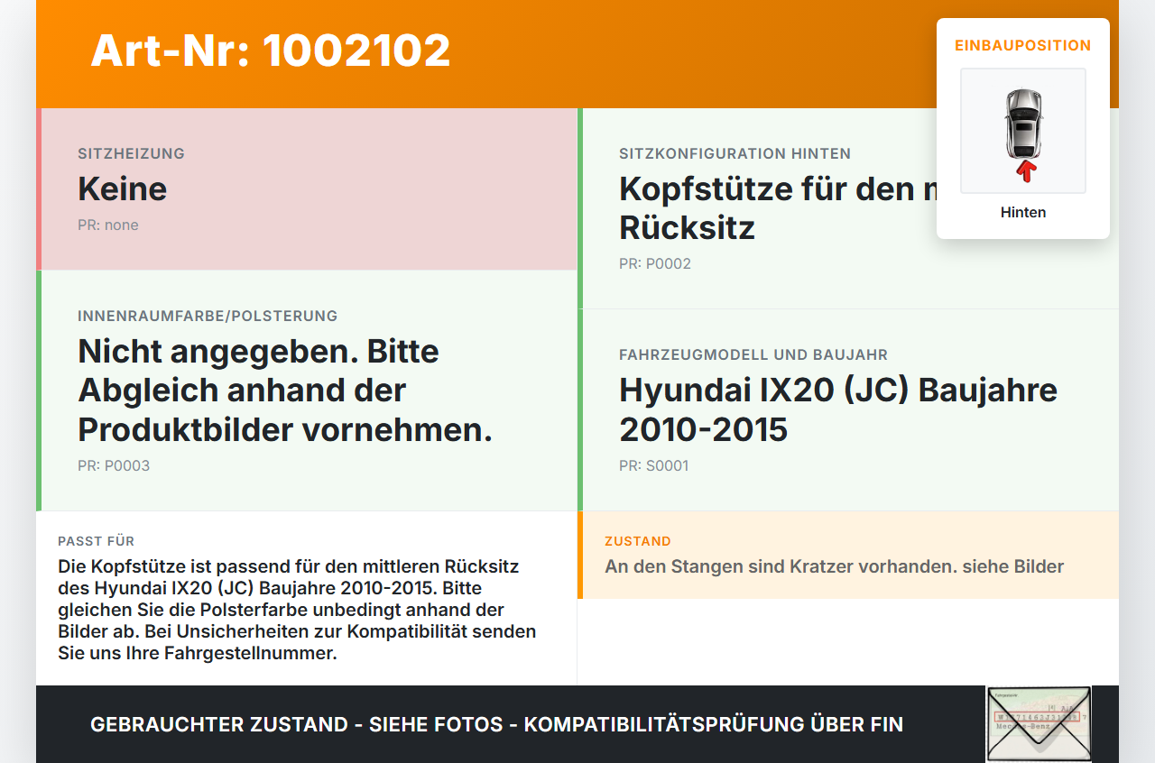 Hyundai IX20 JC 10-15 Kopfstütze Mitte Hinten Hyundai IX20 JC 10-15 07.02.2013 897011K010YAD gebraucht Vorschau 3