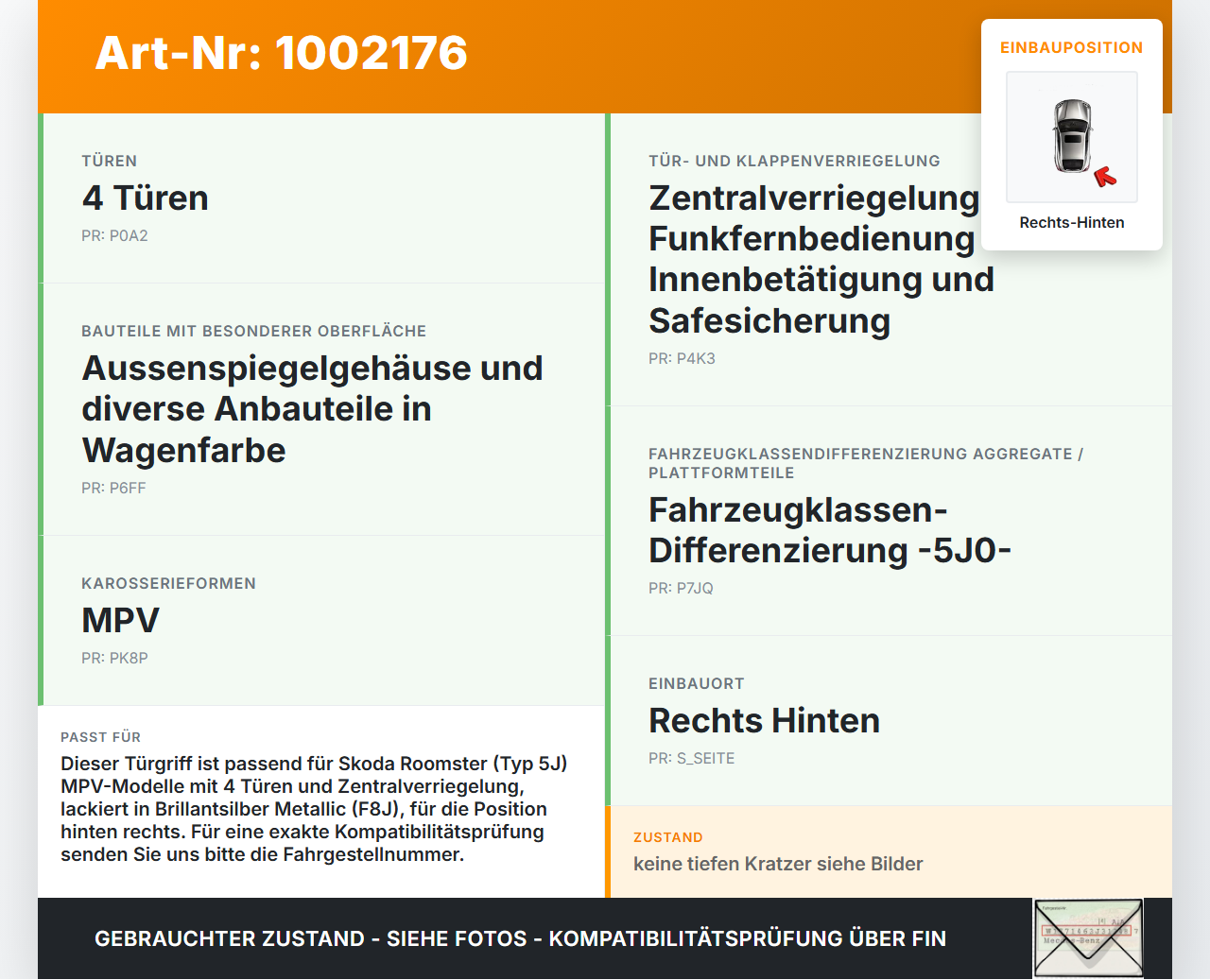 Skoda 5J 06-10 Kombi Türgriff Griff aussen Rechts Hinten LF8J Skoda 5J 06-10 11.01.2008 5J7839206A gebraucht Vorschau 3
