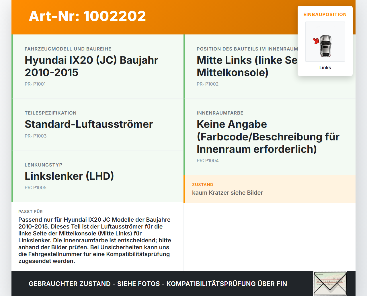 Hyundai IX20 JC 10-15 Luftdusche Luftdüse Mitte Links Hyundai IX20 JC 10-15 07.02.2013 gebraucht Vorschau 3