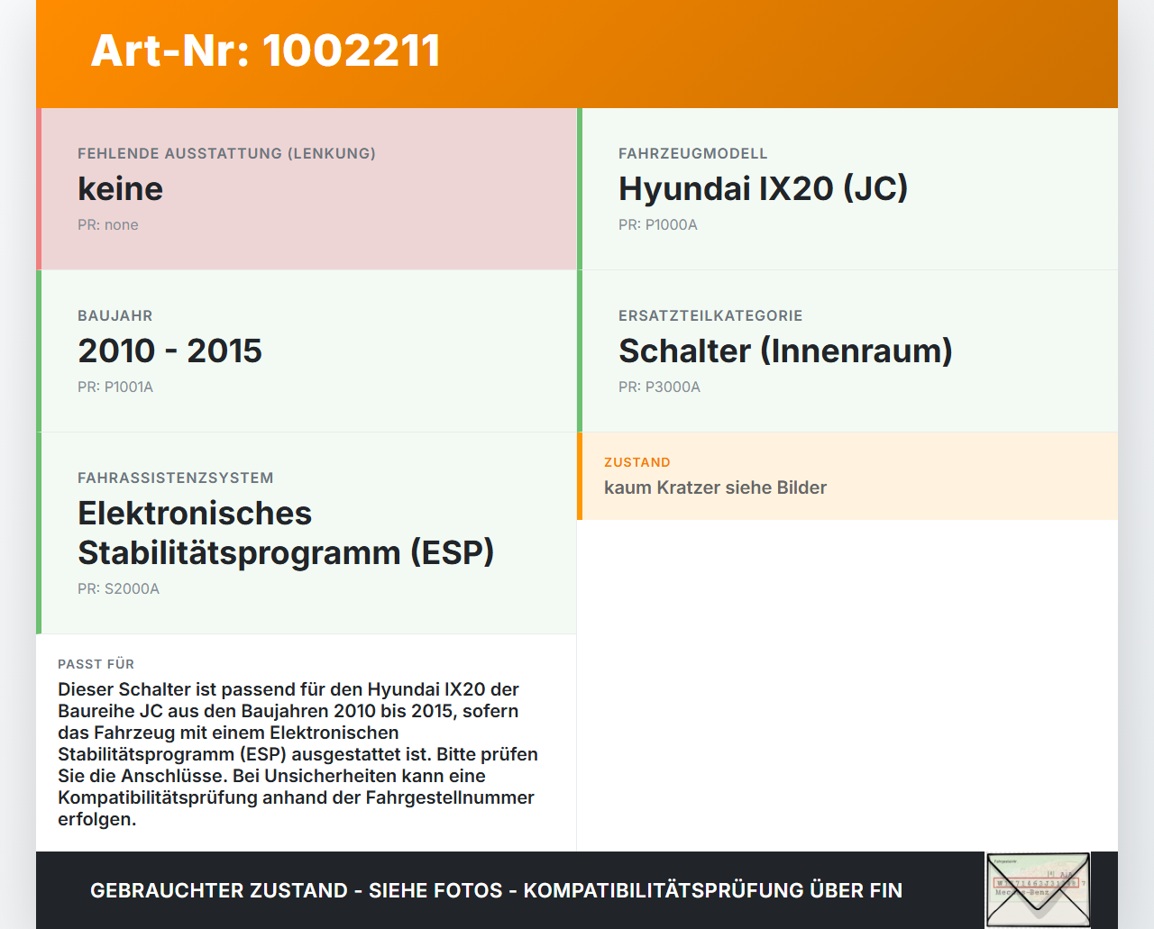 Hyundai IX20 JC 10-15 Schalter ESP Off Hyundai IX20 JC 10-15 07.02.2013 937501K000EQ gebraucht Vorschau 3
