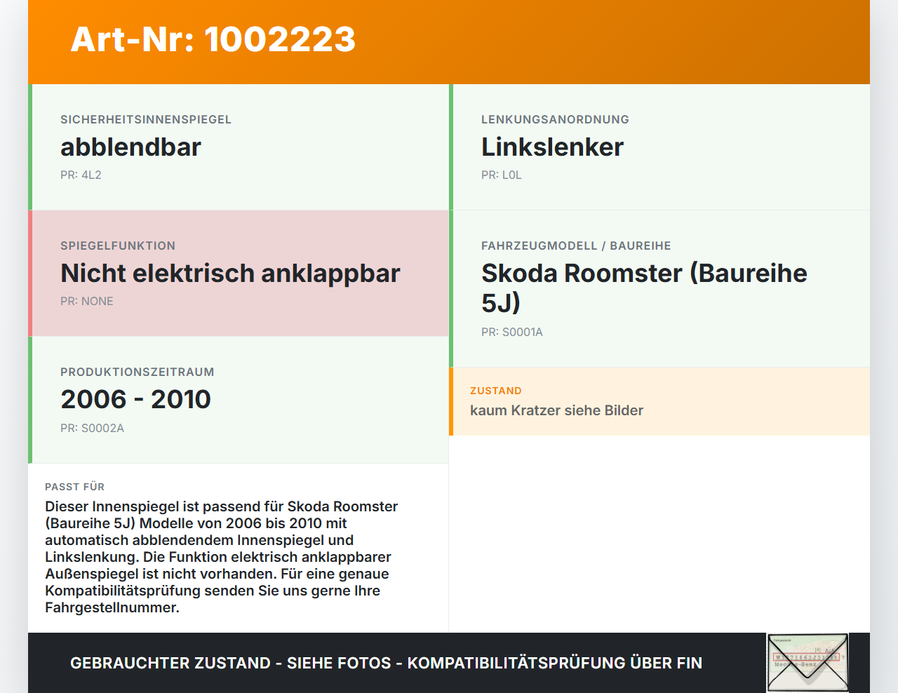 Skoda 5J 06-10 Innenspiegel Rückspiegel Spiegel Innen Skoda 5J 06-10 11.01.2008 3B0857511A gebraucht Vorschau 3