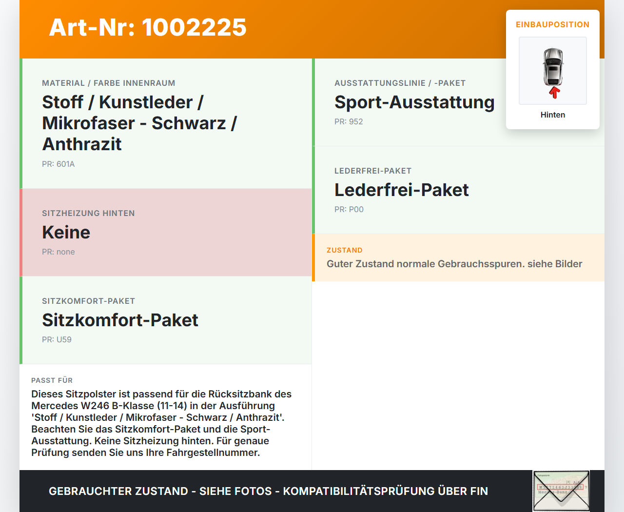 Mercedes W246 B220 11-14 Sitzbezug Sitzpolster für Rücksitzbank Hinten Mercedes W246 B220 11-14 30.04.2013... Vorschau 3