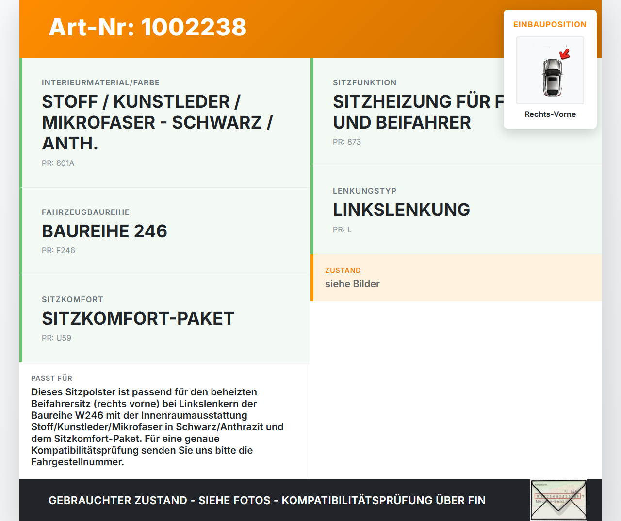Mercedes W246 B220 11-14 Sitzbezug Sitzpolster für Beifahrersitz Rechts Vorne beheizt Mercedes W246 B220 11-14... Vorschau 3