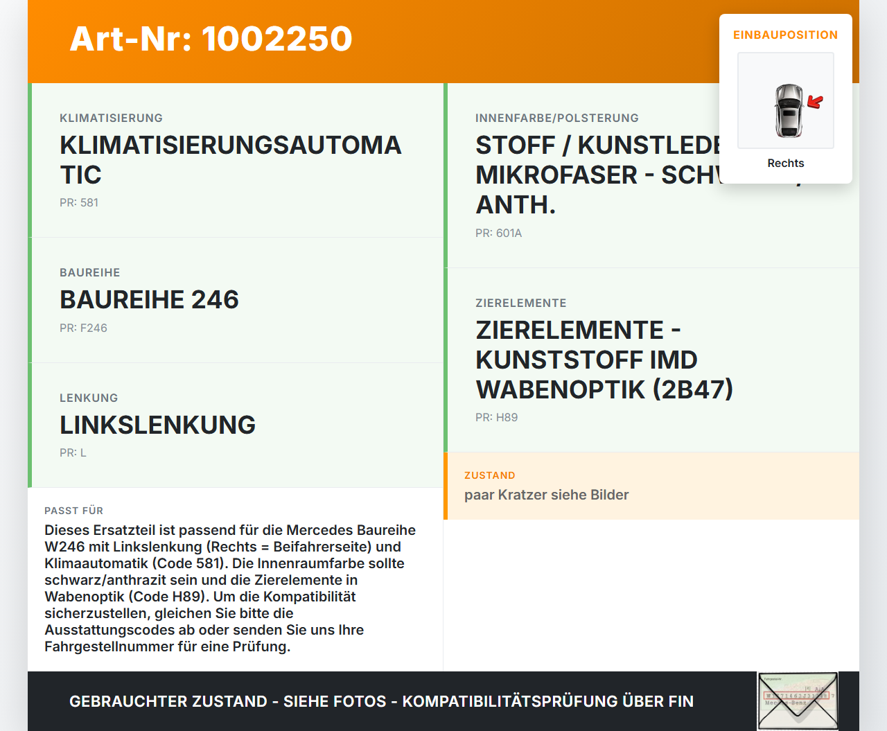 Mercedes W246 B220 11-14 Luftdusche Luftdüse Rechts Mercedes W246 B220 11-14 30.04.2013 A2468304000 gebraucht Vorschau 3