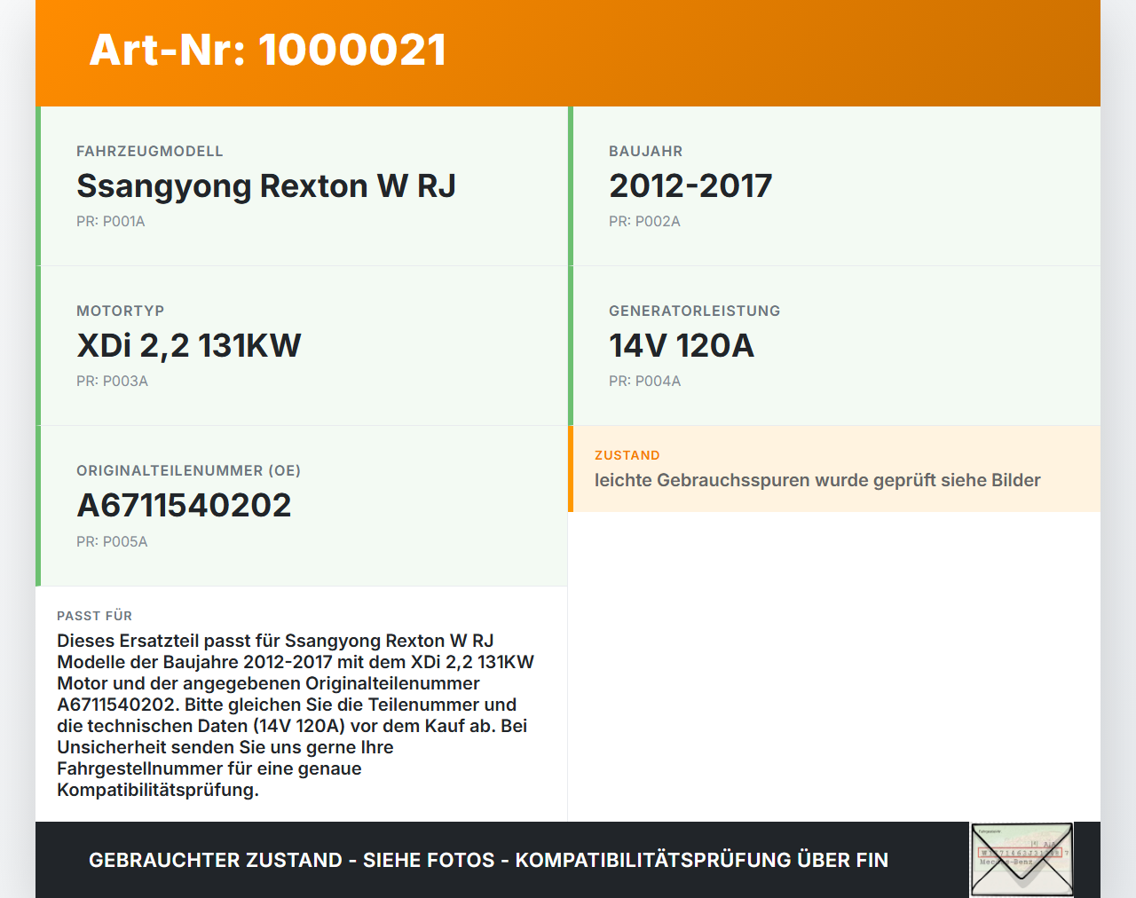 Ssangyong Rexton W RJ 12-17 XDi 2,2 131KW Lichtmaschine Generator 14V 120A Ssangyong Rexton W RJ 12-17 07.09.2016... Vorschau 3