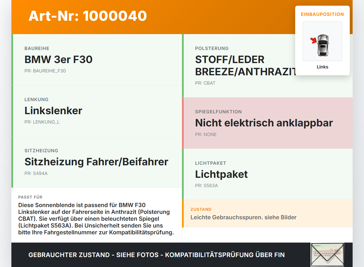 BMW F30 3er 316i 12-15 Sonnenblende Links Fahrerseite mit Spiegel BMW F30 3er 316i 12-15 09.10.2013 5116-7322293... Vorschau 3