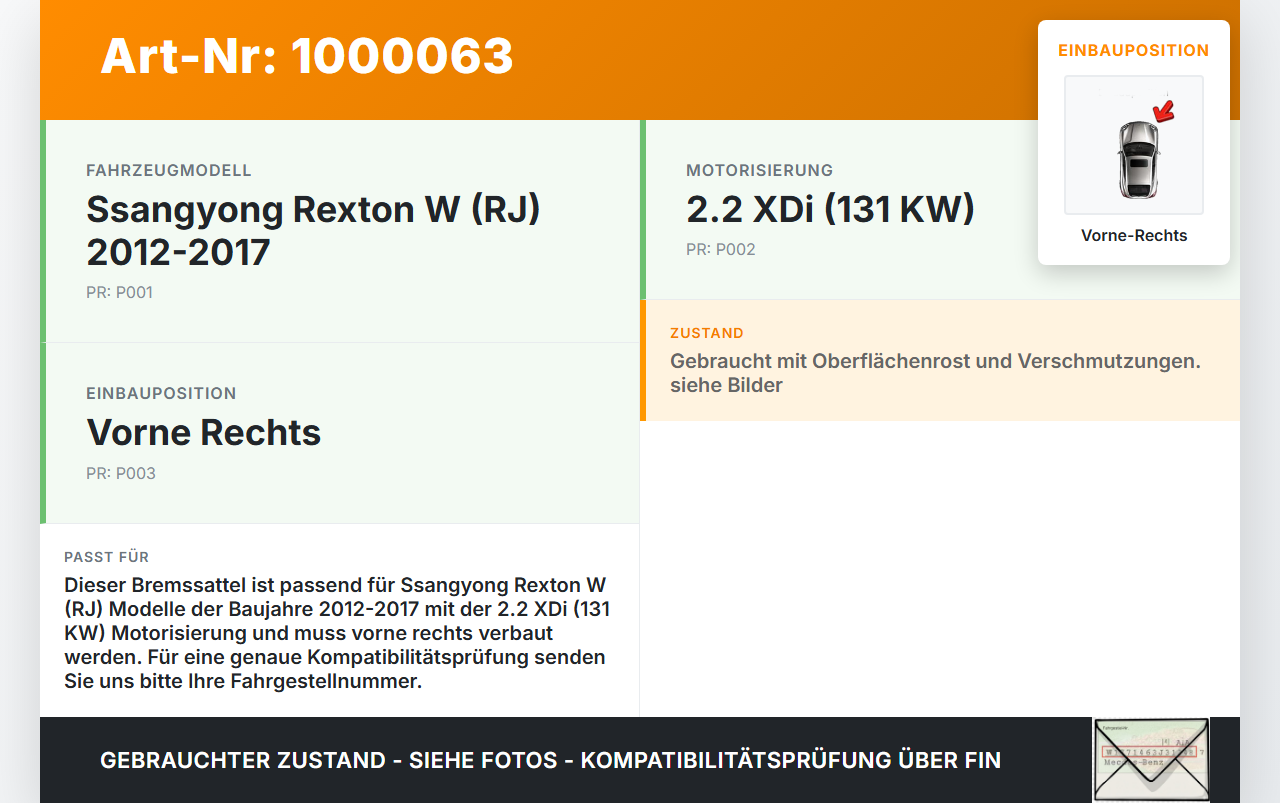 Ssangyong Rexton W RJ 12-17 XDi 2,2 131KW Bremssattel Bremszange Vorne Rechts Ssangyong Rexton W RJ 12-17... Vorschau 3
