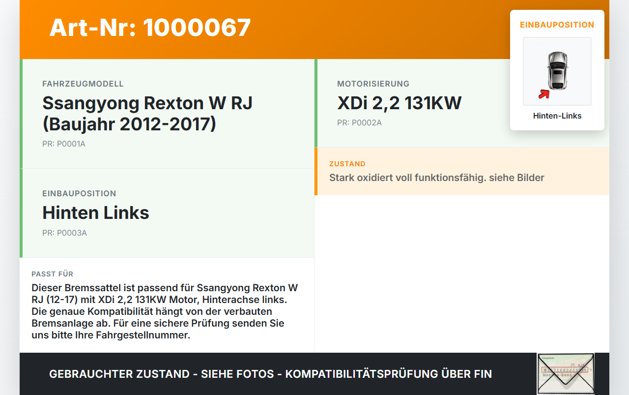 Ssangyong Rexton W RJ 12-17 XDi 2,2 131KW Bremssattel Bremszange Hinten Links Ssangyong Rexton W RJ 12-17... Vorschau 3