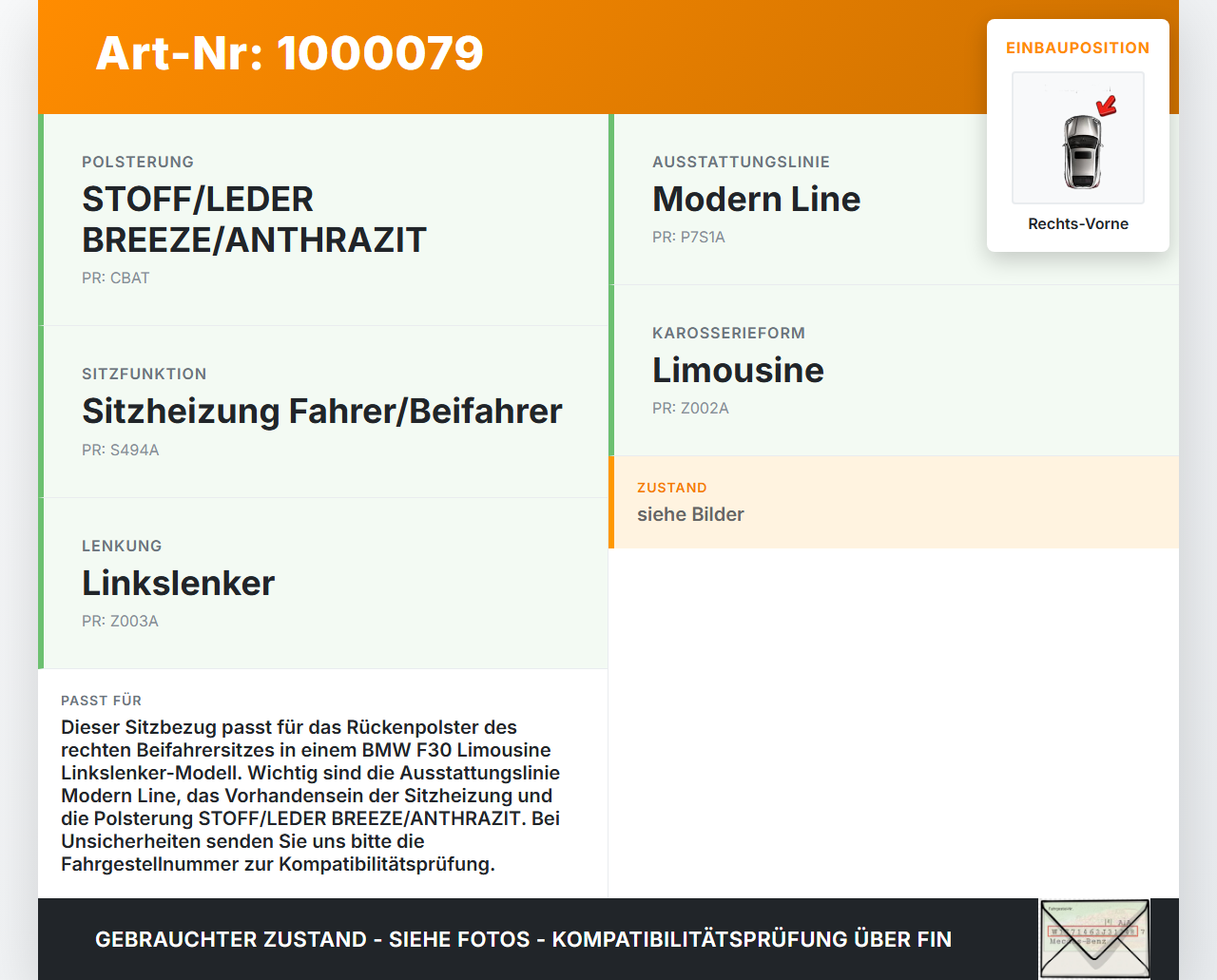 BMW F30 3er 316i 12-15 Lim Sitzbezug Rückenpolster Rechts Vorne für Beifahrer Sitz BMW F30 3er 316i 12-15... Vorschau 3
