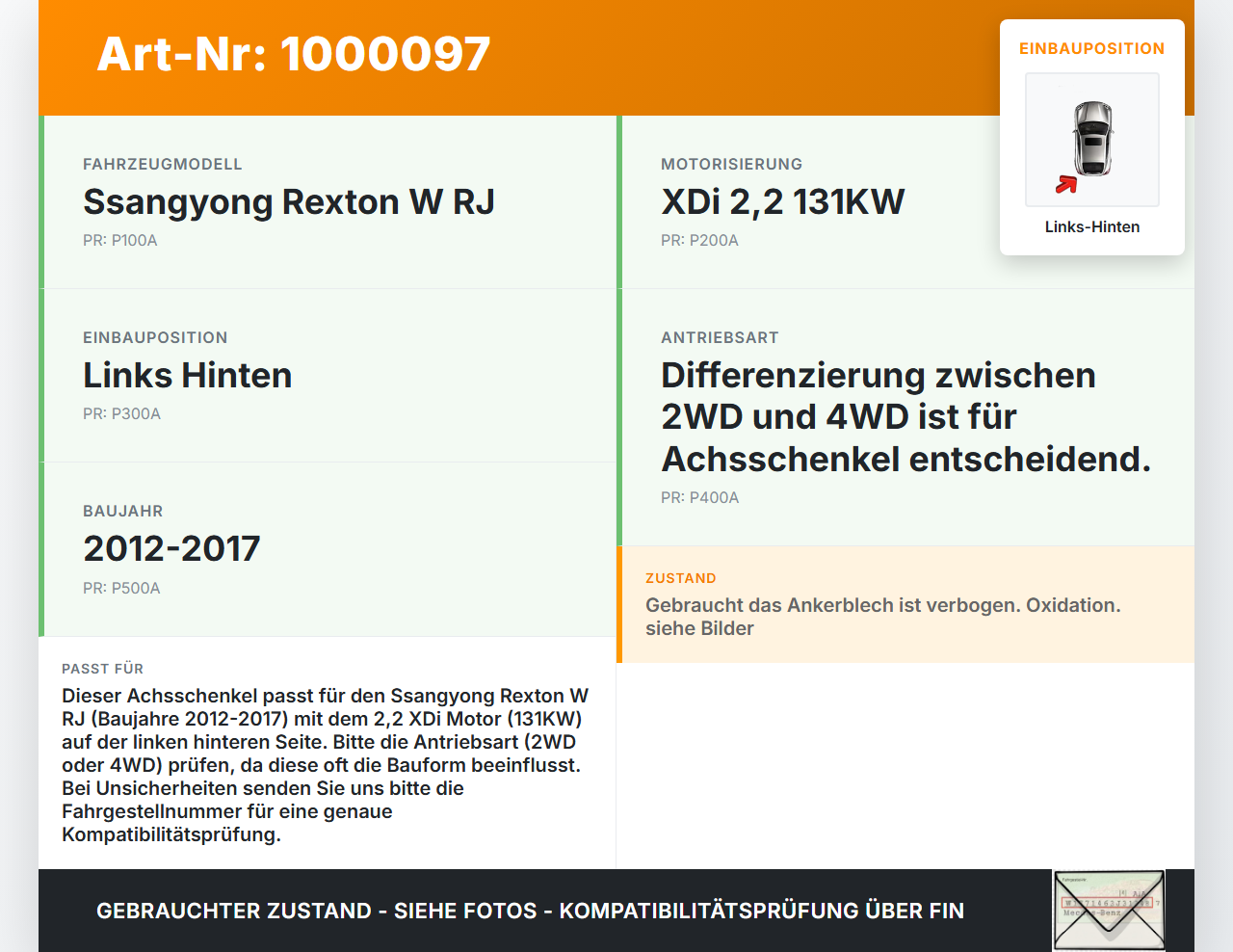 Ssangyong Rexton W RJ 12-17  XDi 2,2 131KW Achsschenkel Radnabe Links Hinten Ssangyong Rexton W RJ 12-17 07.09.2016... Vorschau 3