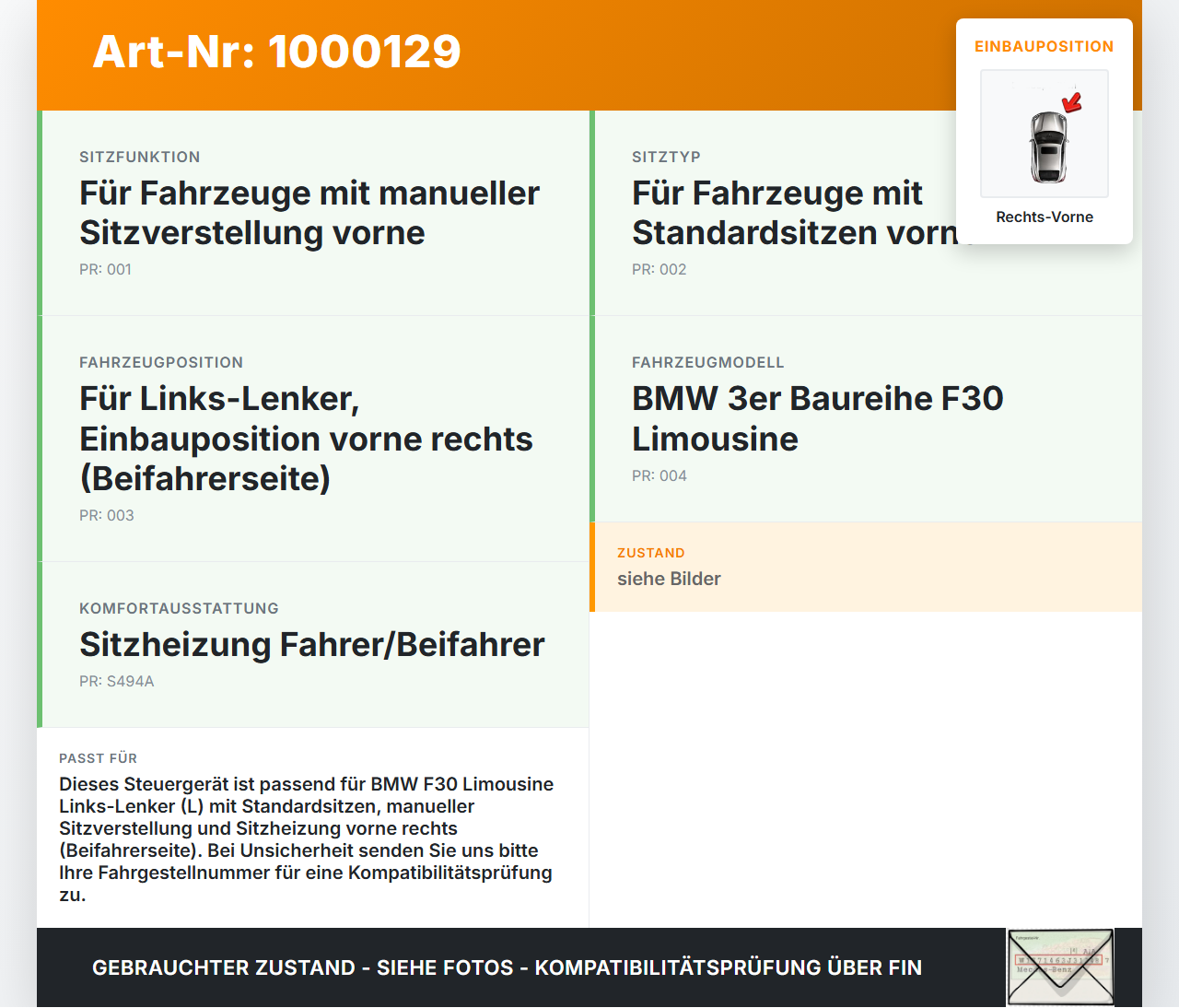 BMW F30 3er 316i 12-15 Steuergerät SG Sitzmodul Rechts Vorne BMW F30 3er 316i 12-15 09.10.2013 7490465 61357490465... Vorschau 3