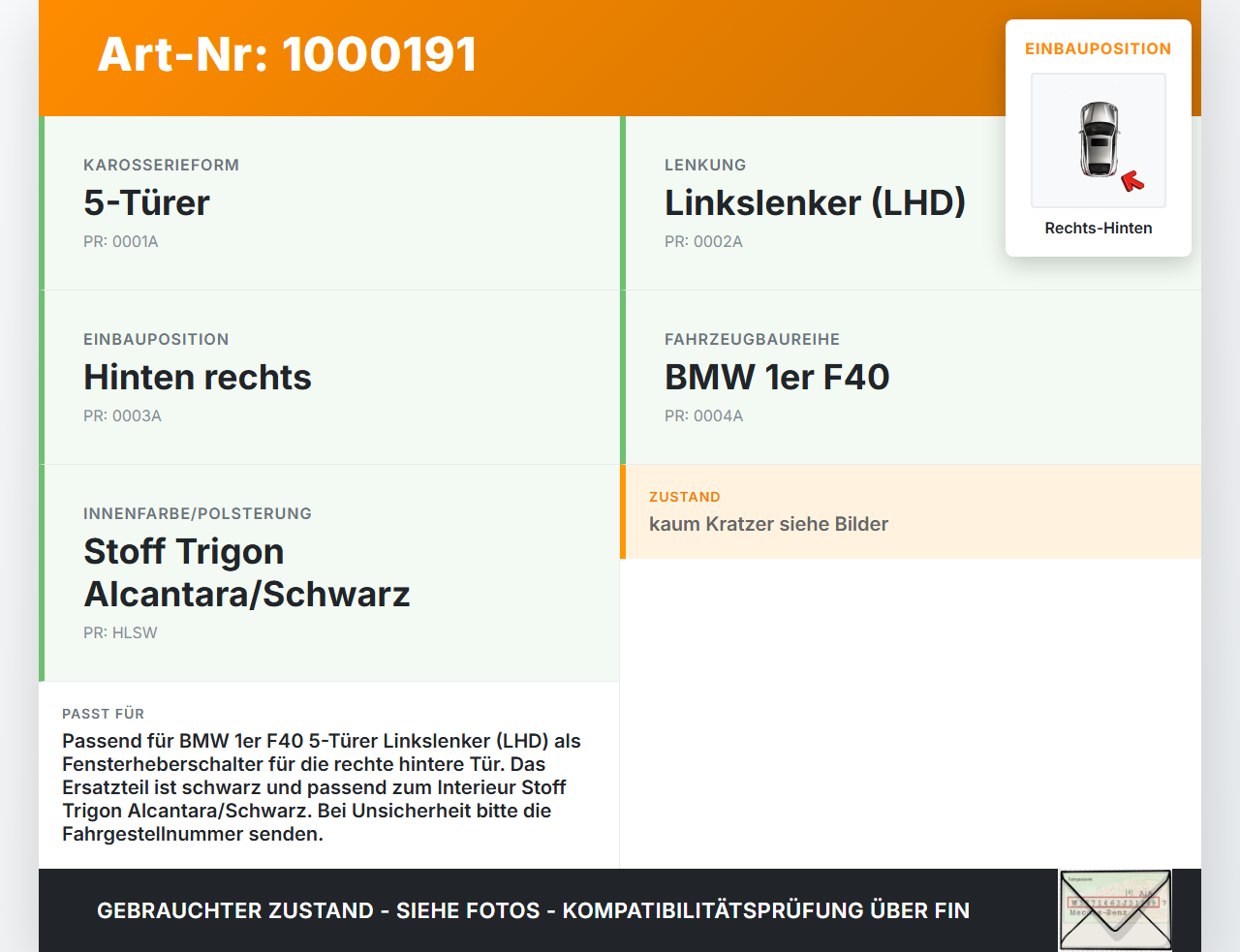 BMW F40 M135i 19-25 5T Fensterheberschalter Schalter Rechts Hinten BMW F40 M135i 19-25 16.03.2021 61317950756... Vorschau 3