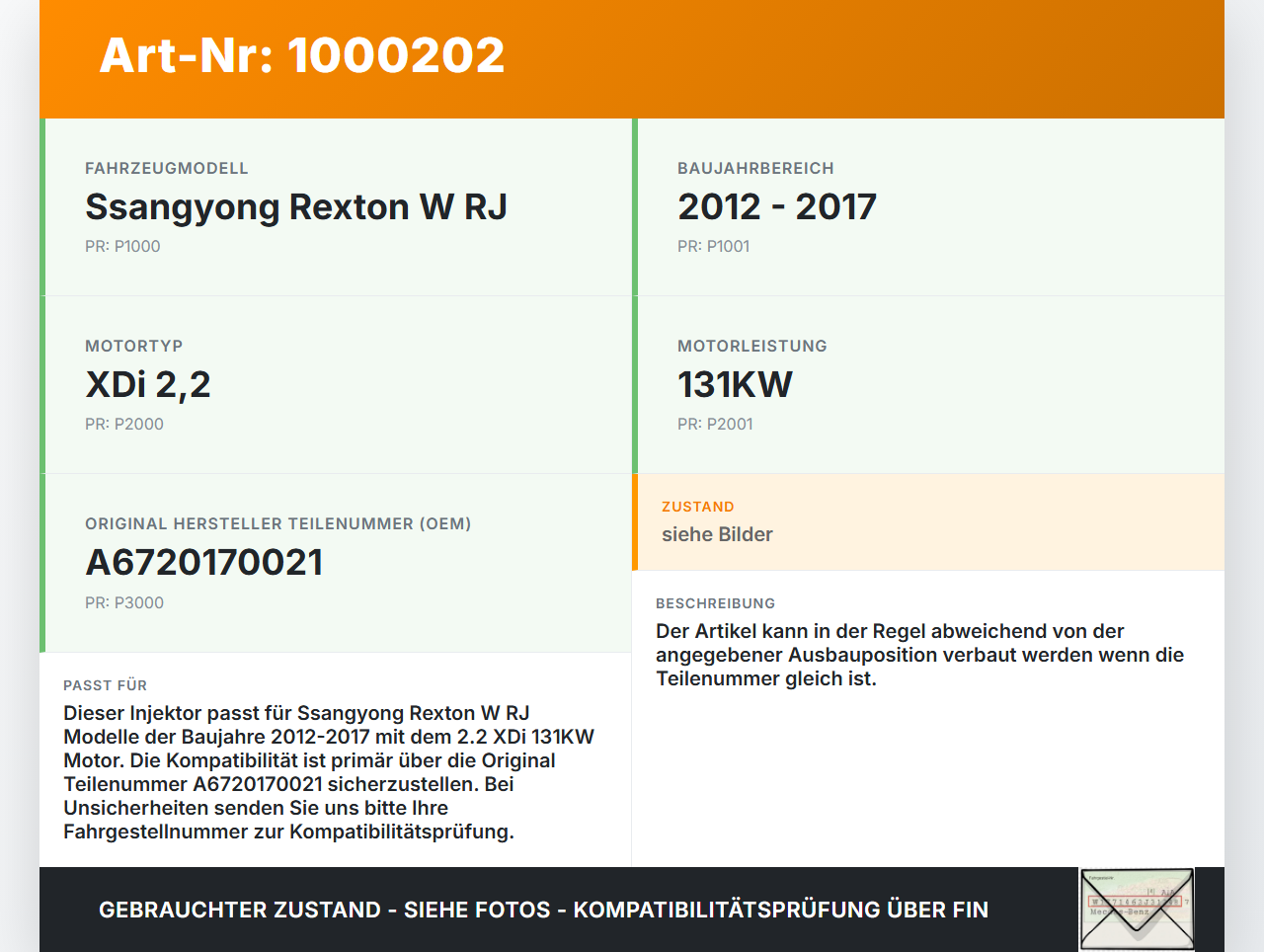 Ssangyong Rexton W RJ 12-17 XDi 2,2 131KW Injektor Einspritzdüse Zyl.1 Ssangyong Rexton W RJ 12-17 07.09.2016... Vorschau 3