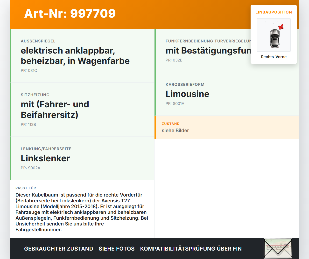 Avensis T27 15-18 Lim Kabelbaum für Tür und Fensterheber Rechts Vorne Avensis T27 15-18 20.01.2016 8215105800 gebraucht Vorschau 3