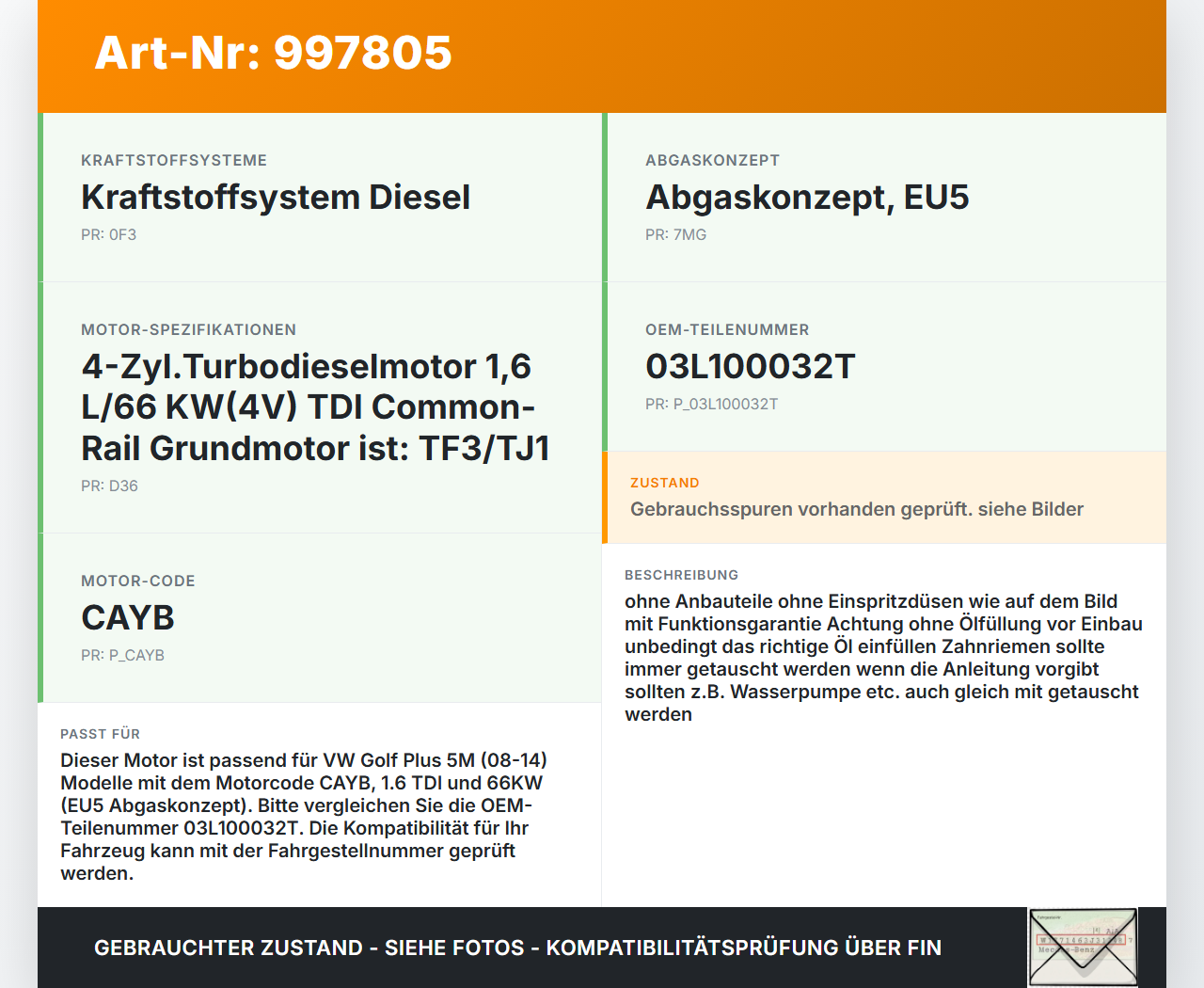 VW Golf Plus 5M 08-14 TDI 1,6 66KW CAYB Motor Triebwerk VW Golf Plus 5M 08-14 07.04.2009 03L100032T gebraucht Vorschau 3
