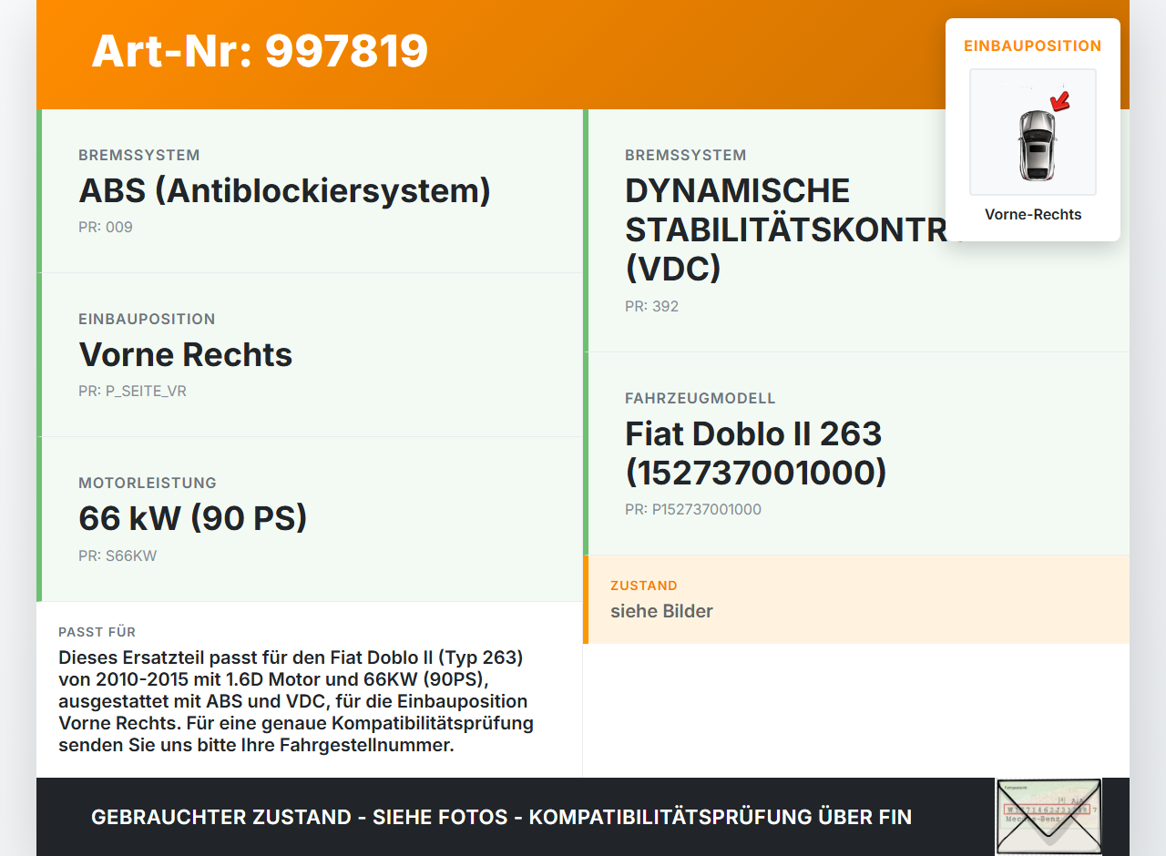Fiat Doblo II 263 10-15 1,6D 66KW Bremssattel Bremszange Vorne Rechts Fiat Doblo II 263 10-15 24.01.2012  gebraucht Vorschau 3