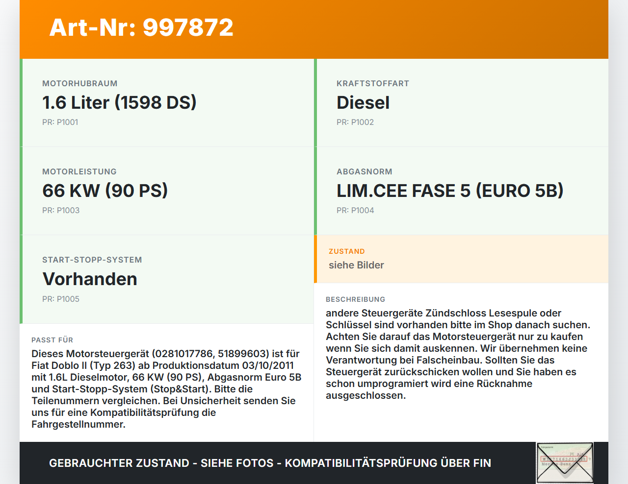 Fiat Doblo II 263 10-15 1,6D 66KW Steuergerät ECU für Motor Motorsteuergerät Fiat Doblo II 263 10-15 24.01.2012 ... Vorschau 3