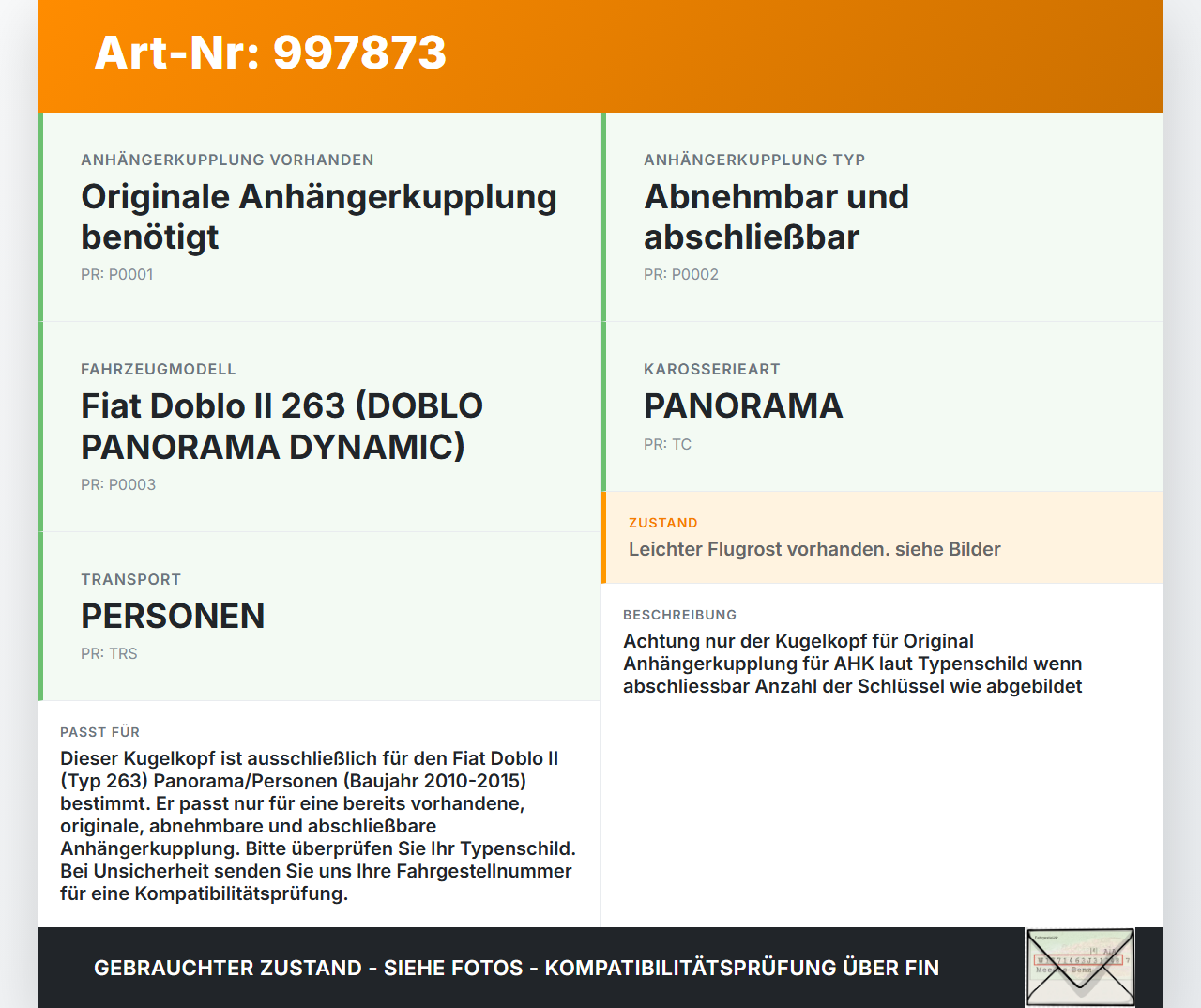 Fiat Doblo II 263 10-15 Kombi Abnehmbarer Kugelkopf Anhängerkupplung mit Schlüssel Fiat Doblo II 263 10-15... Vorschau 3