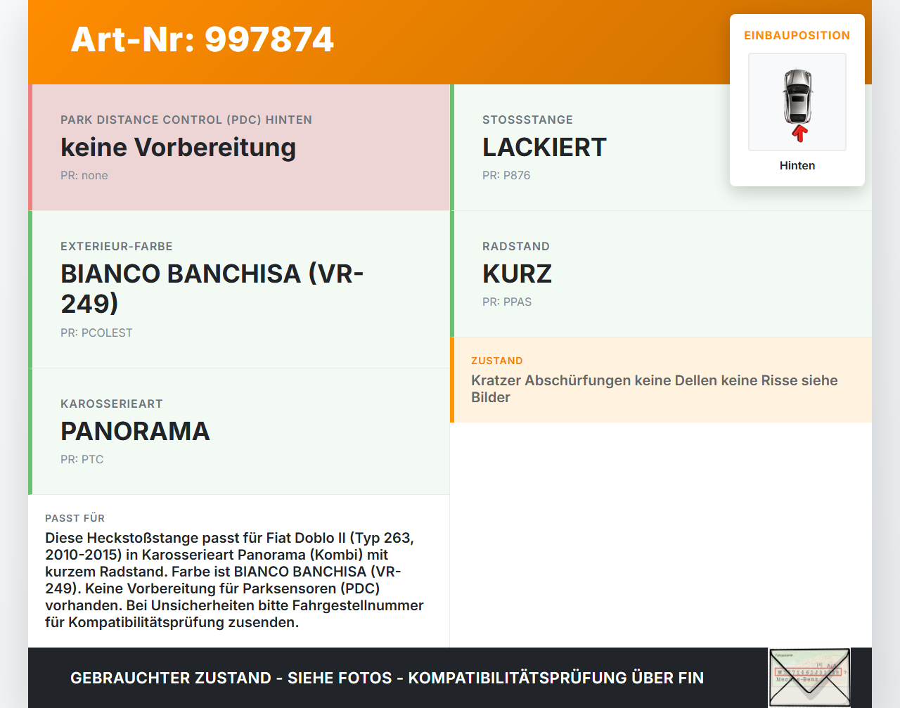 Fiat Doblo II 263 10-15 Kombi Stoßstange Stoßfänger Heckstosstange Hinten 249 Fiat Doblo II 263 10-15 24.01.2012 ... Vorschau 3