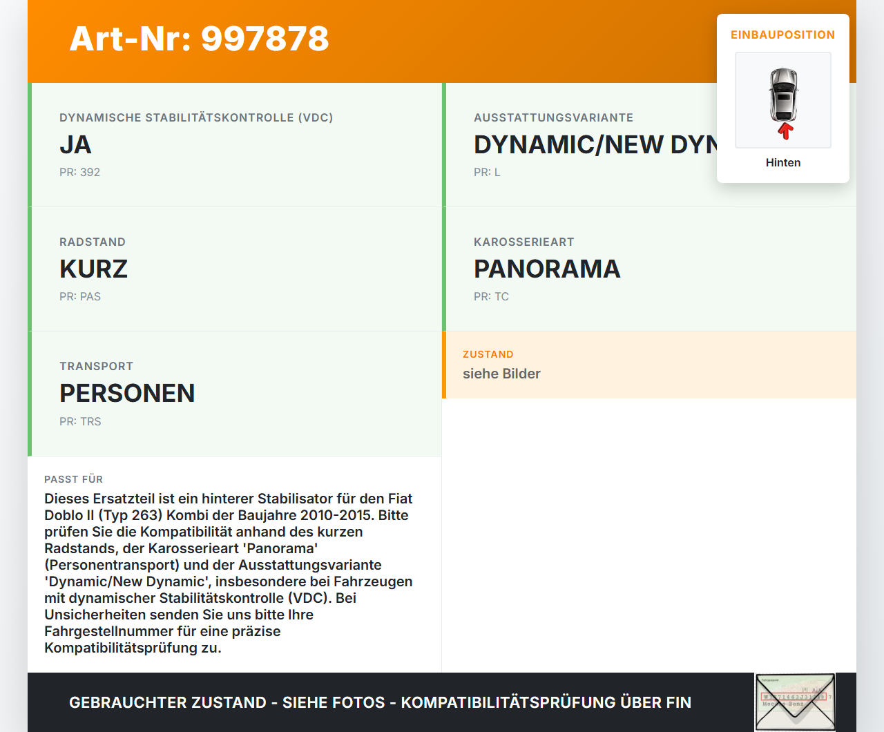 Fiat Doblo II 263 10-15 Kombi Stabi Stabilisator Hinten Fiat Doblo II 263 10-15 24.01.2012  gebraucht Vorschau 3