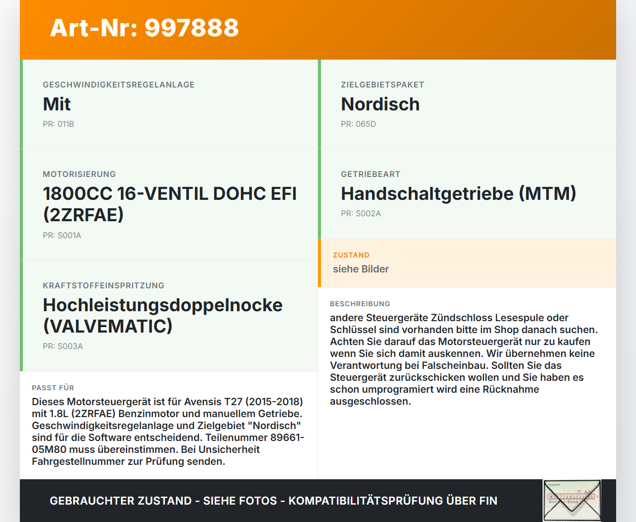 Avensis T27 15-18 1,8 108KW Steuergerät ECU für Motor Motorsteuergerät Avensis T27 15-18 20.01.2016 8966105M80... Vorschau 3