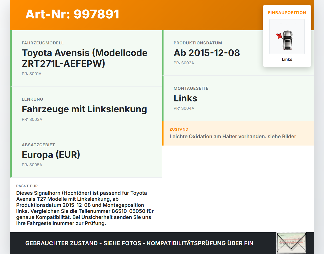 Avensis T27 15-18 Hupe Signalhorn Hochtöner Links Avensis T27 15-18 20.01.2016 86510-05050 gebraucht Vorschau 3
