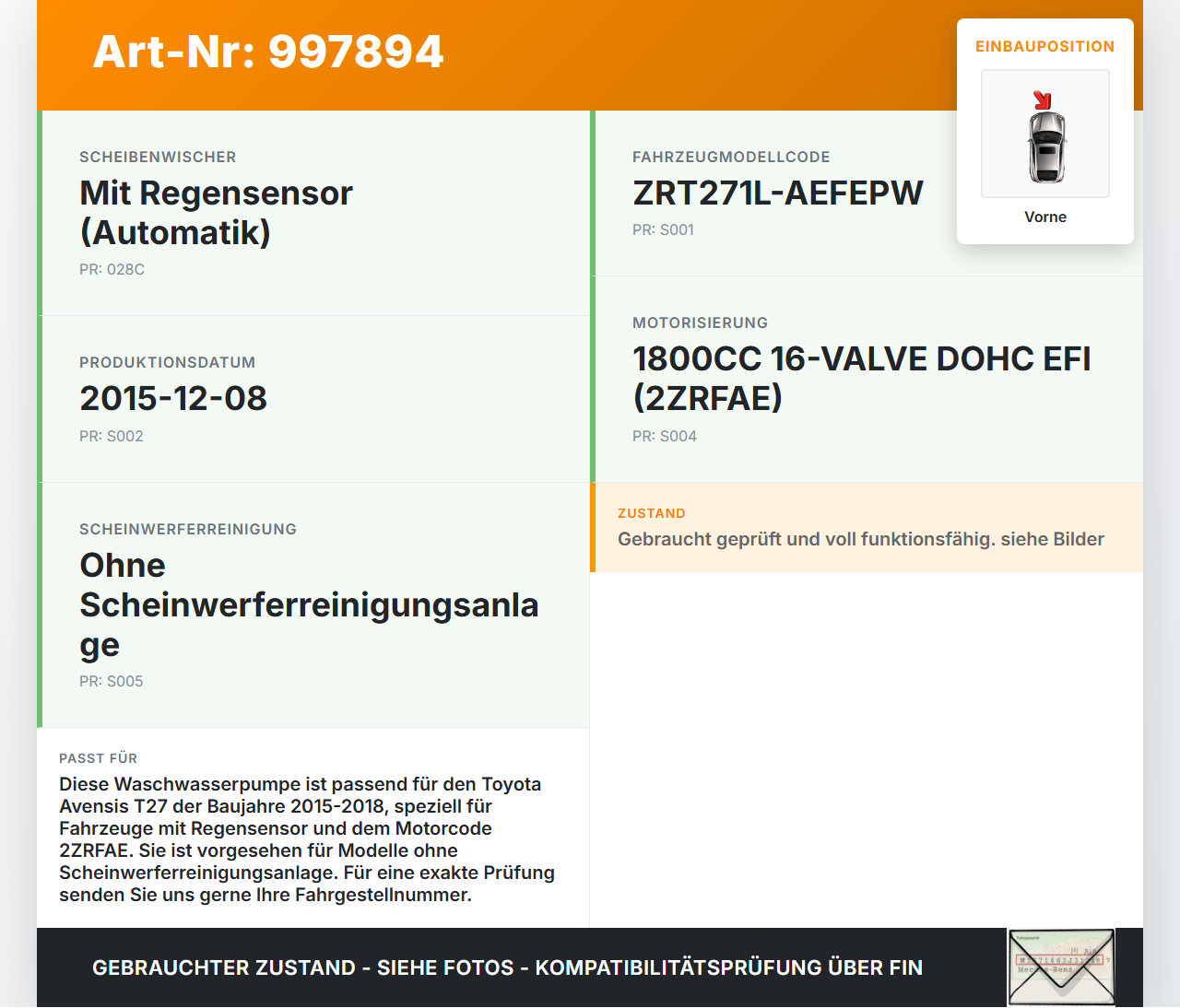 Avensis T27 15-18 Waschwasserpumpe Wischwasserpumpe Waschpumpe Vorne Avensis T27 15-18 20.01.2016 8533002030 gebraucht Vorschau 3