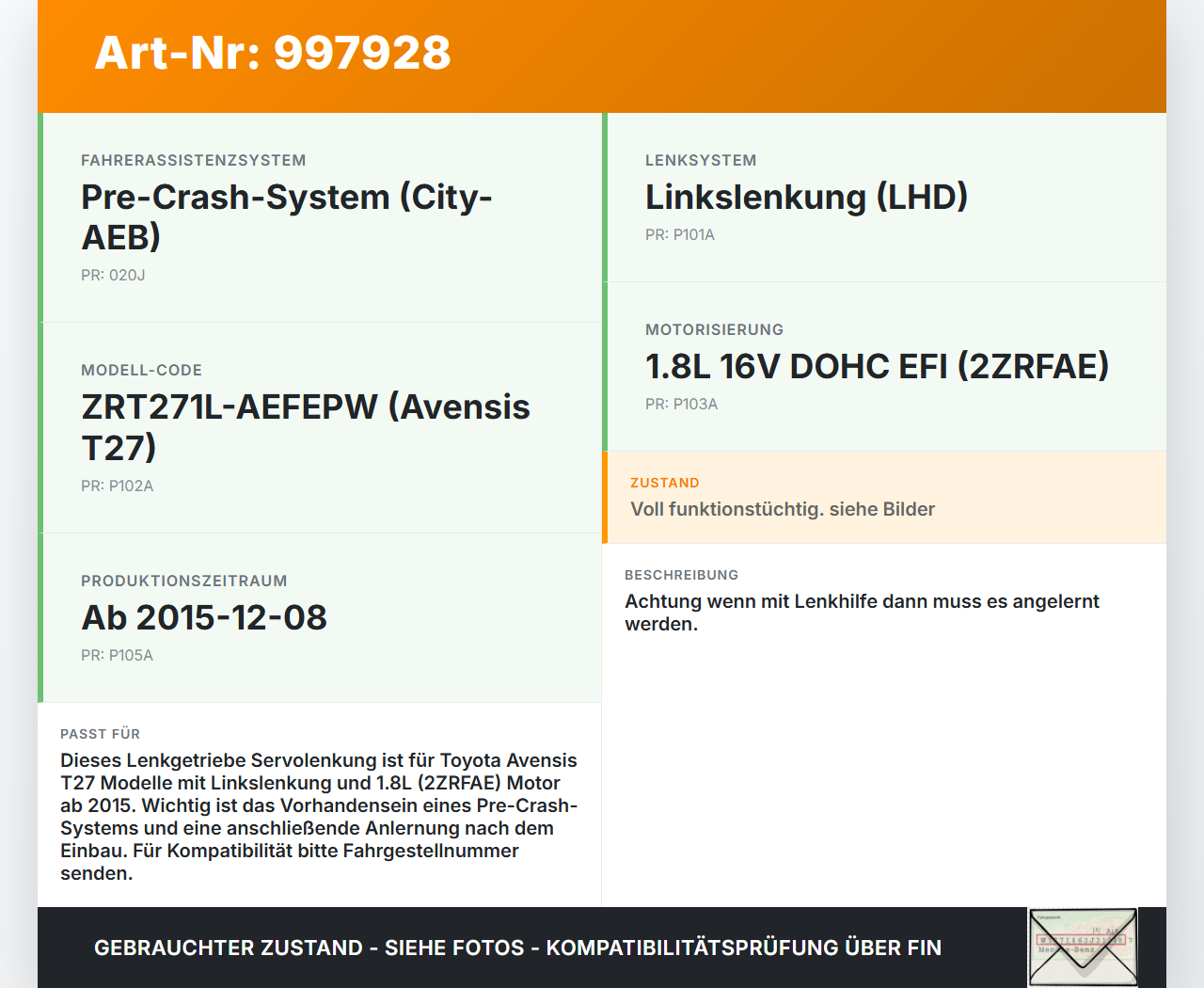 Avensis T27 15-18 Lenkgetriebe Servolenkung Avensis T27 15-18 20.01.2016 4551D-05060 5M030986 gebraucht Vorschau 3
