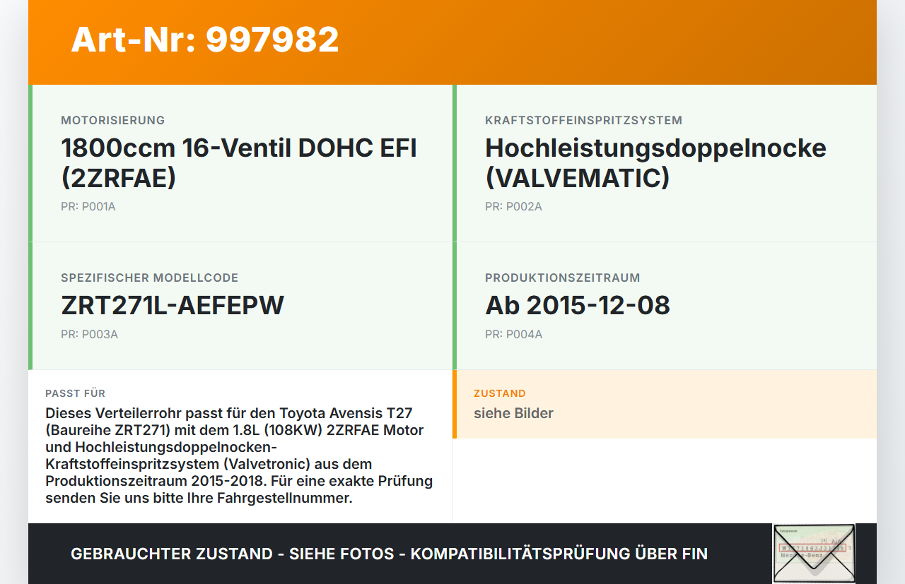 Avensis T27 15-18 1,8 108KW Verteilerrohr für Hochdruck Verteiler Avensis T27 15-18 20.01.2016 gebraucht Vorschau 3