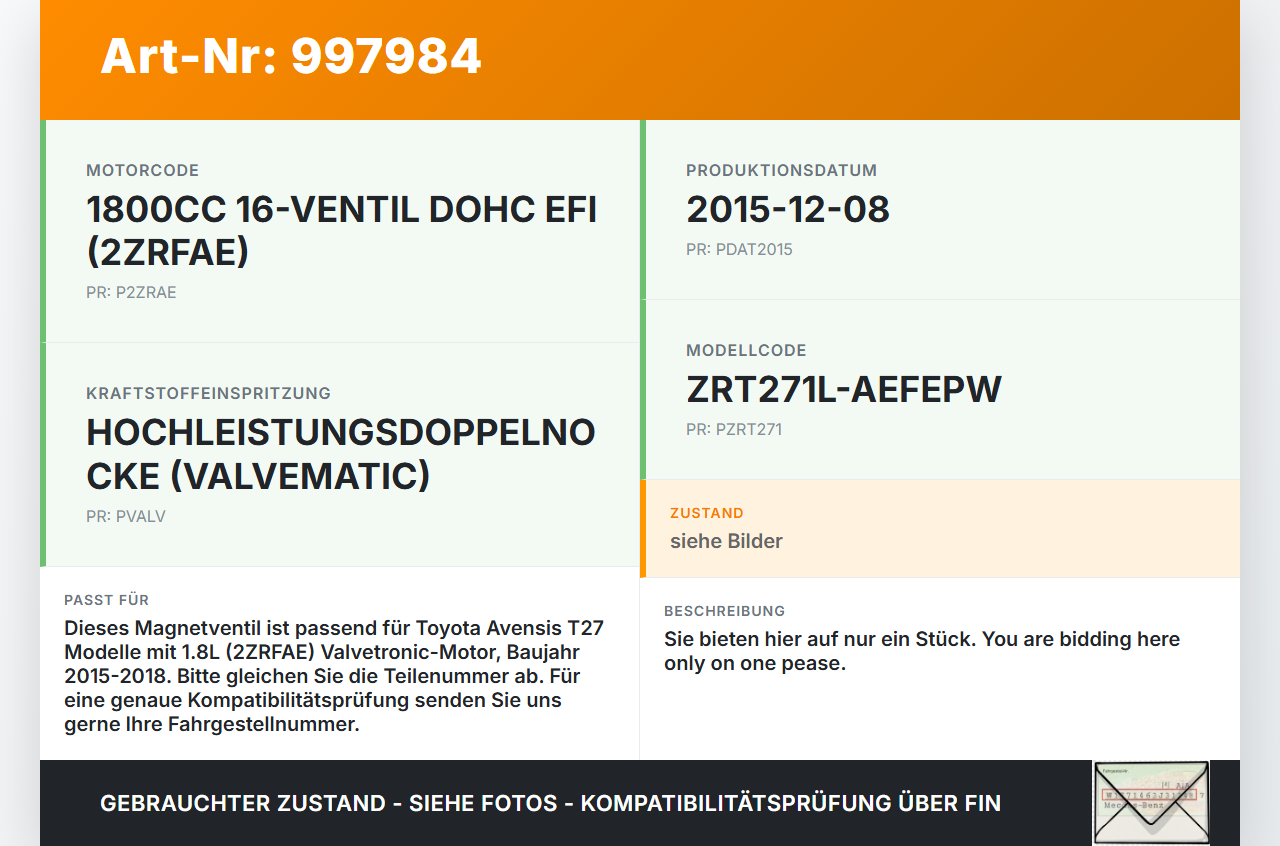 Avensis T27 15-18 1,8 108KW Magnetventil Unterdruckventil Avensis T27 15-18 20.01.2016 90910TC001 90910-TC001... Vorschau 3