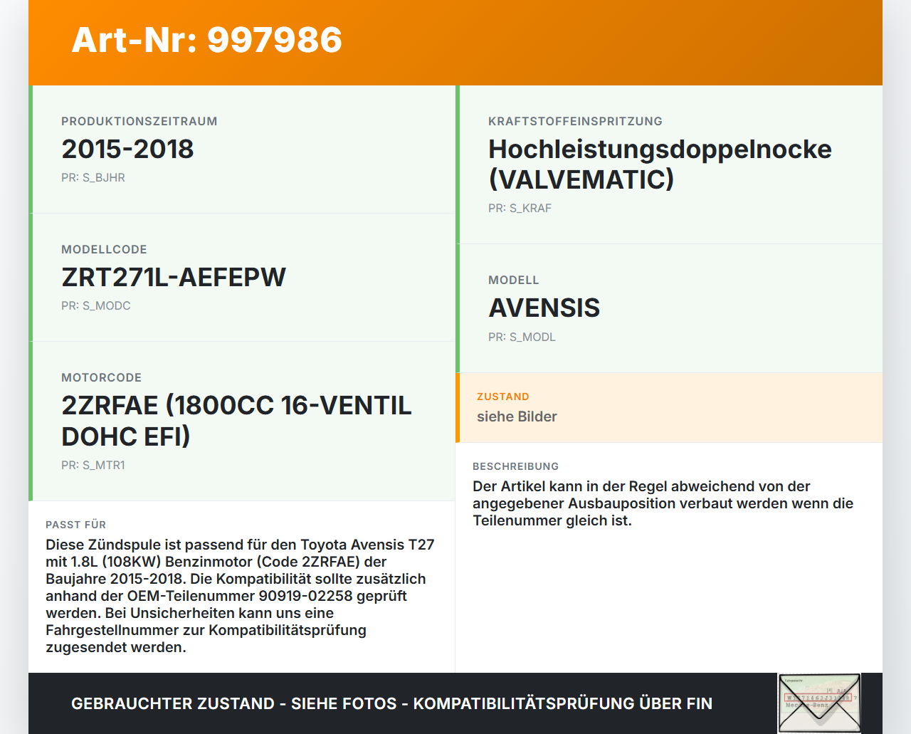 Avensis T27 15-18 1,8 108KW Zündspule Zyl.3 Avensis T27 15-18 20.01.2016 9091902258 90919-02258 gebraucht Vorschau 3