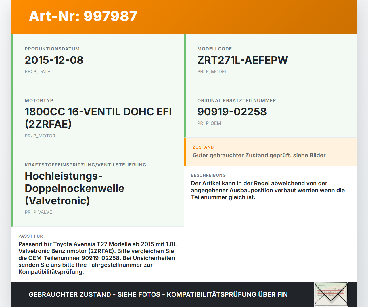Avensis T27 15-18 1,8 108KW Zündspule Pos.2 Avensis T27 15-18 20.01.2016 9091902258 90919-02258 gebraucht Vorschau 3