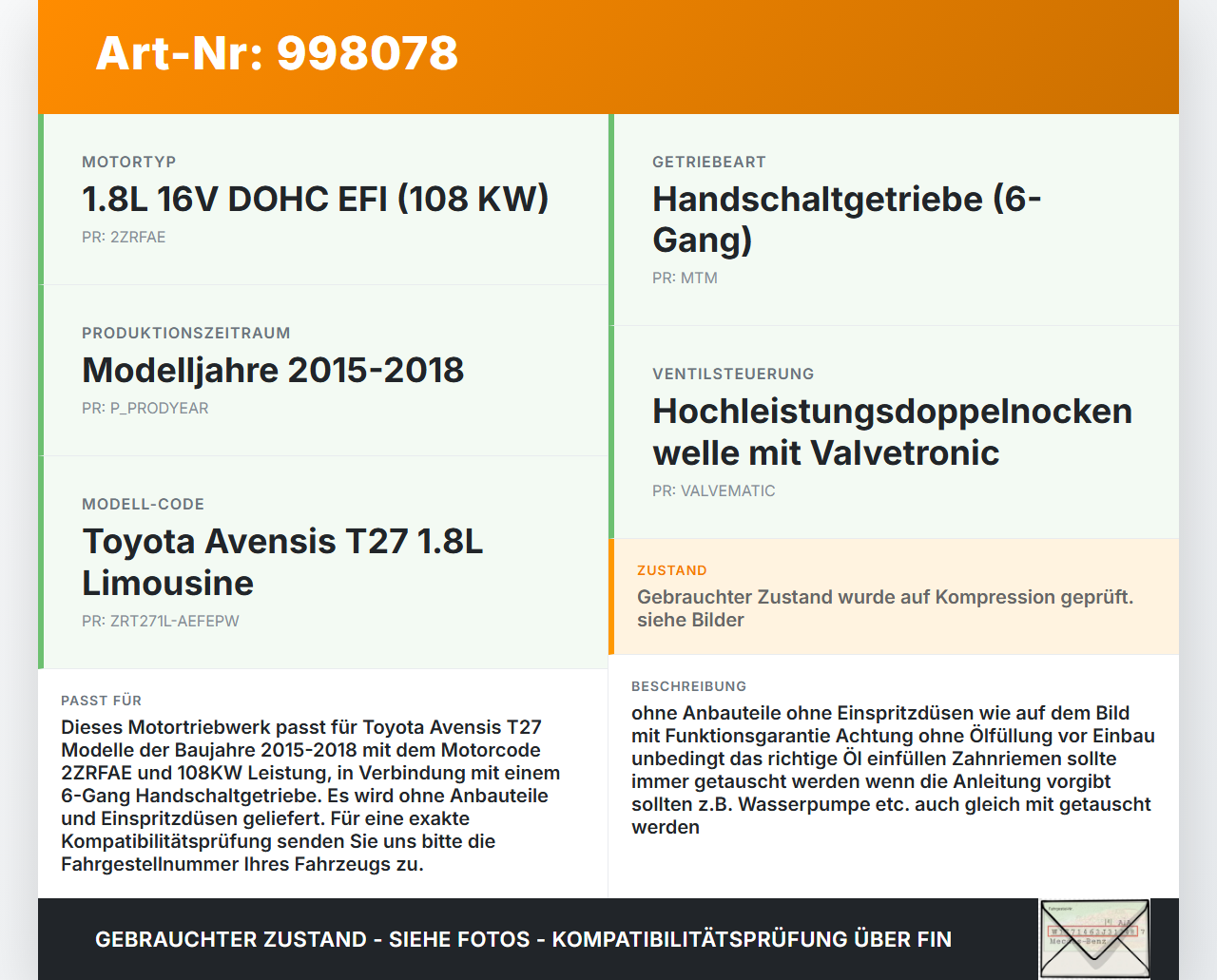 Avensis T27 15-18 1,8 108KW 2ZRFAE Motor Triebwerk Avensis T27 15-18 20.01.2016 P3135-12M gebraucht Vorschau 3