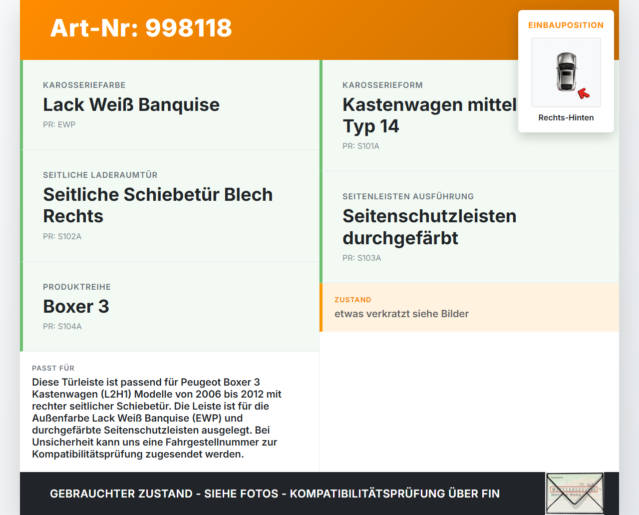 Peugeot Boxer Jumper 250 06-12 Kasten Türleiste Rechts Hinten Mitte Aussen EWP Peugeot Boxer Jumper 250 06-12... Vorschau 3