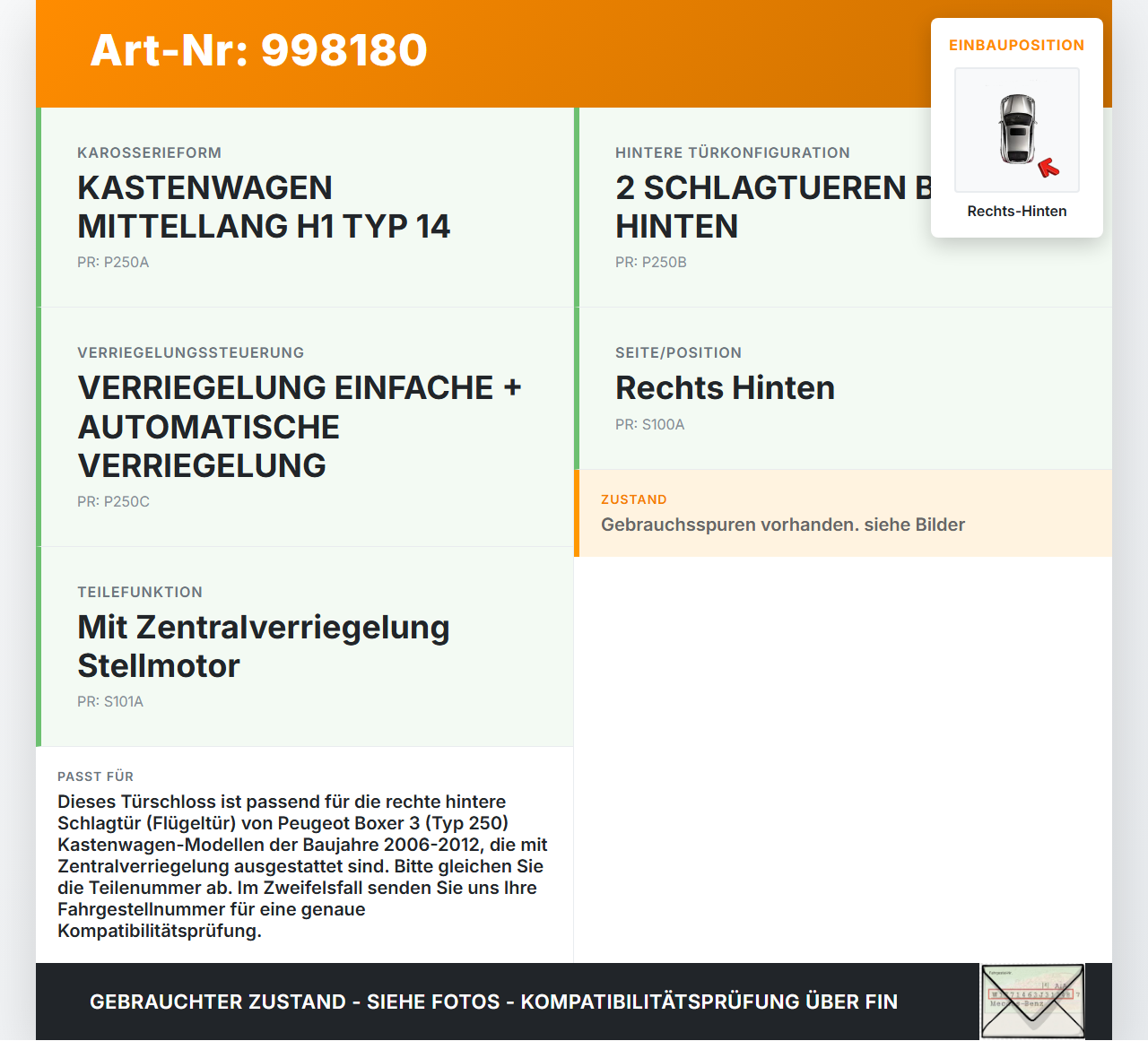 Peugeot Boxer Jumper 250 06-12 Kasten Türschloss m. ZV Stellmotor Rechts Hinten Peugeot Boxer Jumper 250 06-12... Vorschau 3