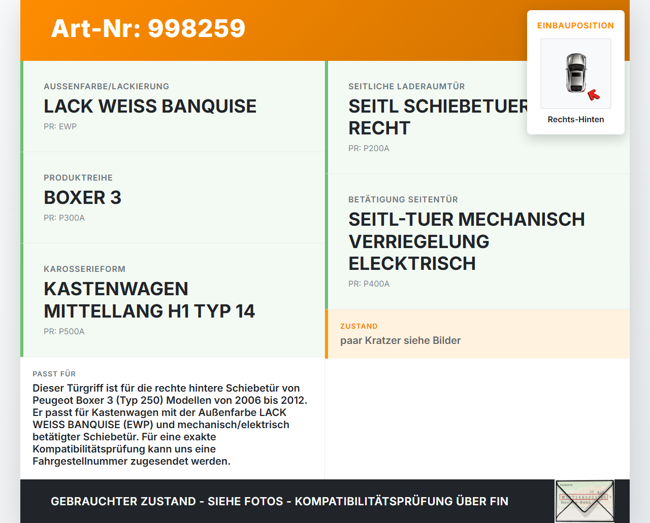 Peugeot Boxer Jumper 250 06-12 Kasten Türgriff Griff aussen Rechts Hinten für Schiebetür EWP Peugeot Boxer Jumper... Vorschau 3