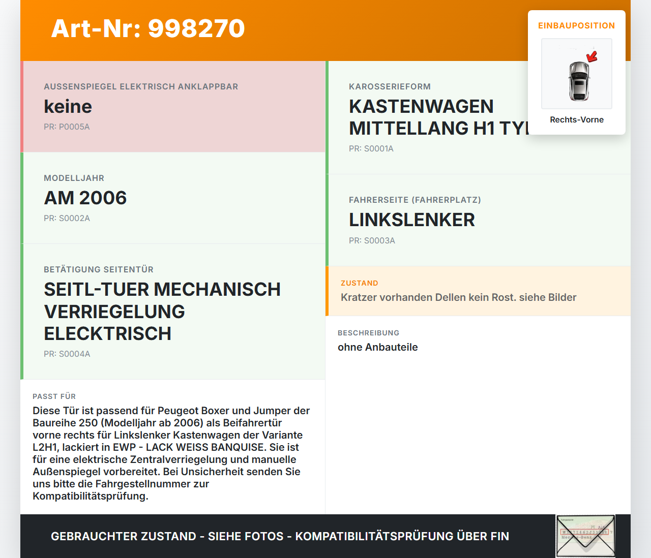 Peugeot Boxer Jumper 250 06-12 Kasten Tür Beifahrertür Rechts Vorne EWP Peugeot Boxer Jumper 250 06-12 13.02.2008... Vorschau 3