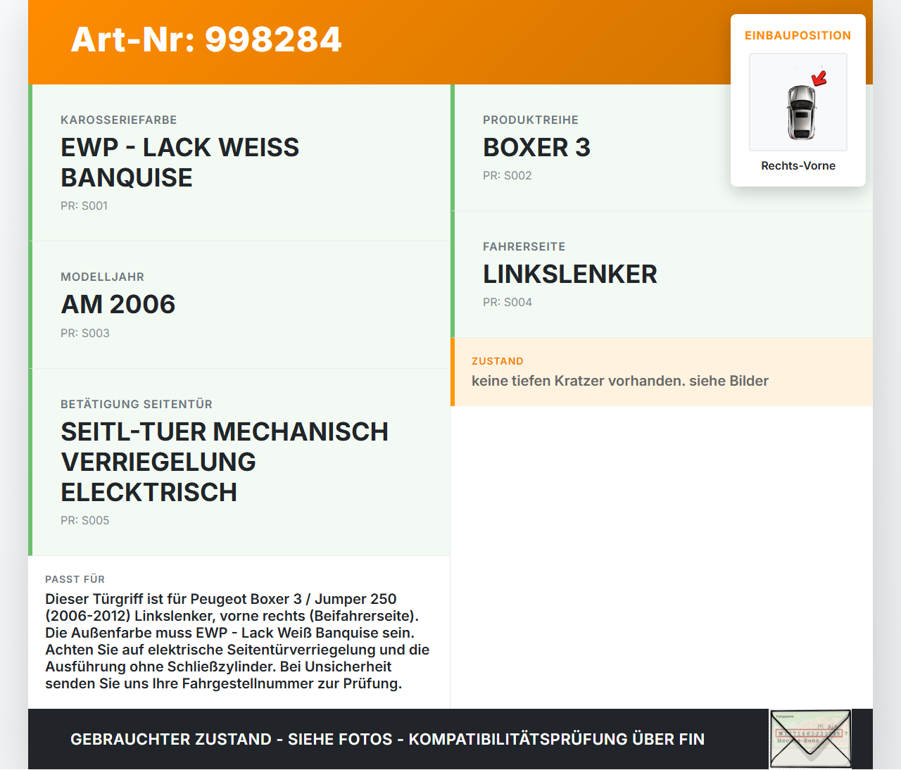 Peugeot Boxer Jumper 250 06-12 Kasten Türgriff Griff aussen Rechts Vorne EWP Peugeot Boxer Jumper 250 06-12... Vorschau 3