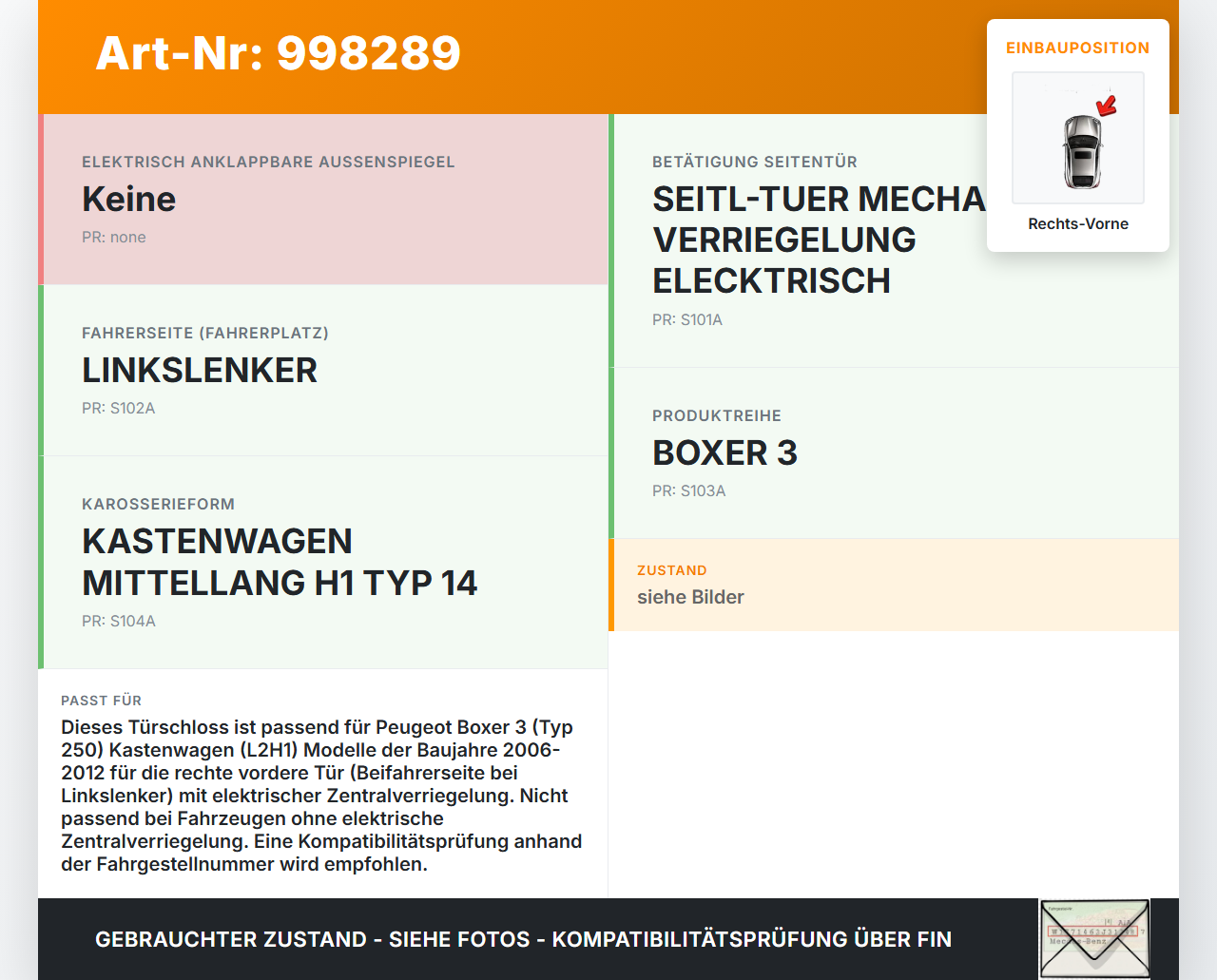 Peugeot Boxer Jumper 250 06-12 Kasten Kasten Türschloss m. ZV Stellmotor Rechts Vo Peugeot Boxer Jumper 250 06-12... Vorschau 3