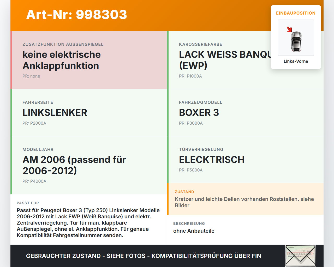 Peugeot Boxer Jumper 250 06-12 Kasten Tür Fahrertür Links Vorne EWP Peugeot Boxer Jumper 250 06-12 13.02.2008 gebraucht Vorschau 3